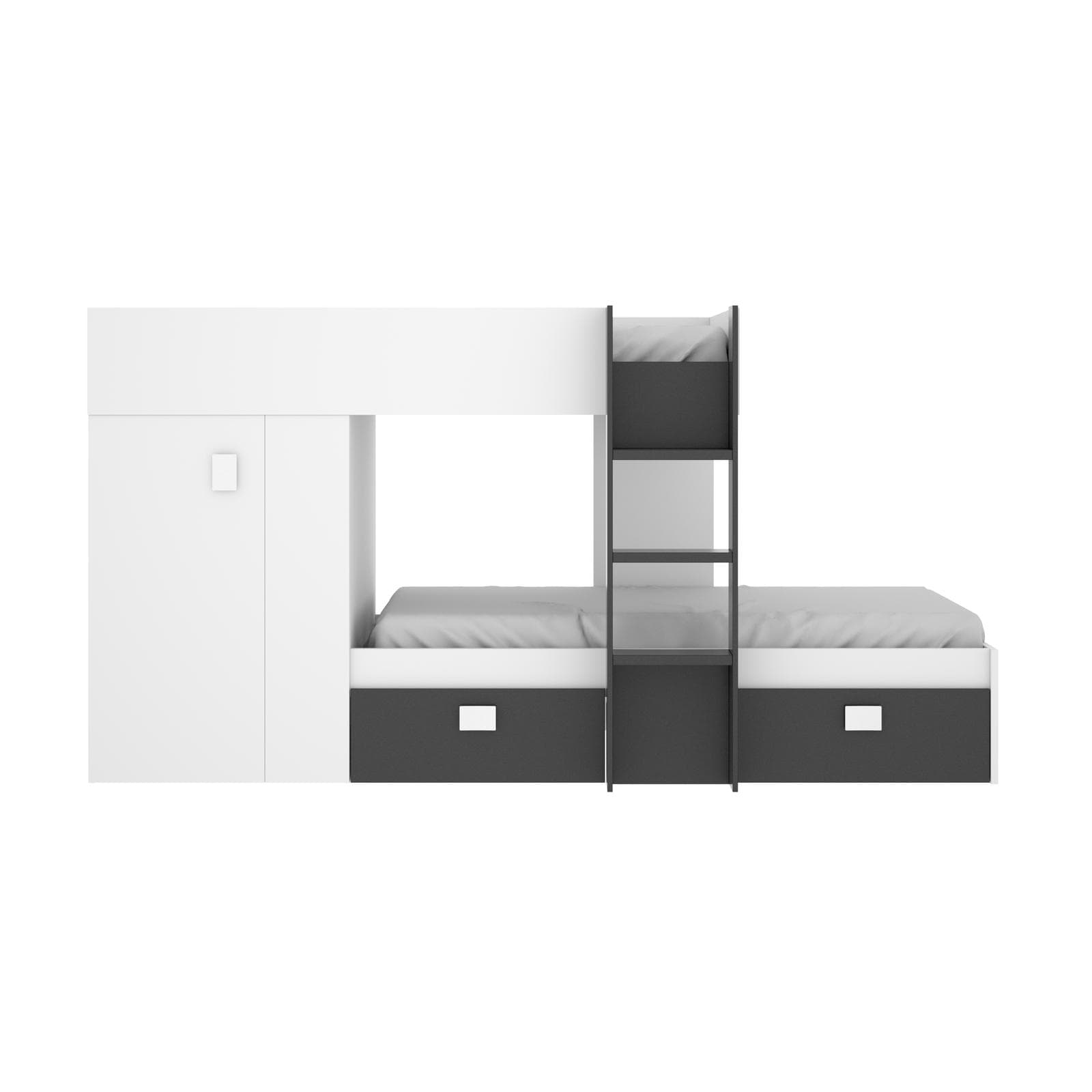 Letto a castello 271x111 cm bianco e antracite con armadio e cassetti - Kaelith