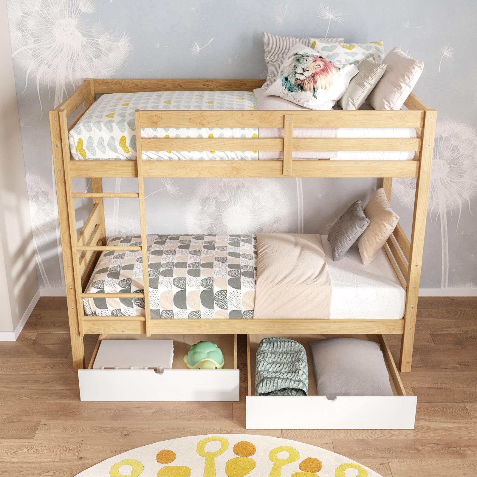 Letto a castello per bambini 90x190 cm in legno naturale con 2 cassettoni bianco - Lollipop