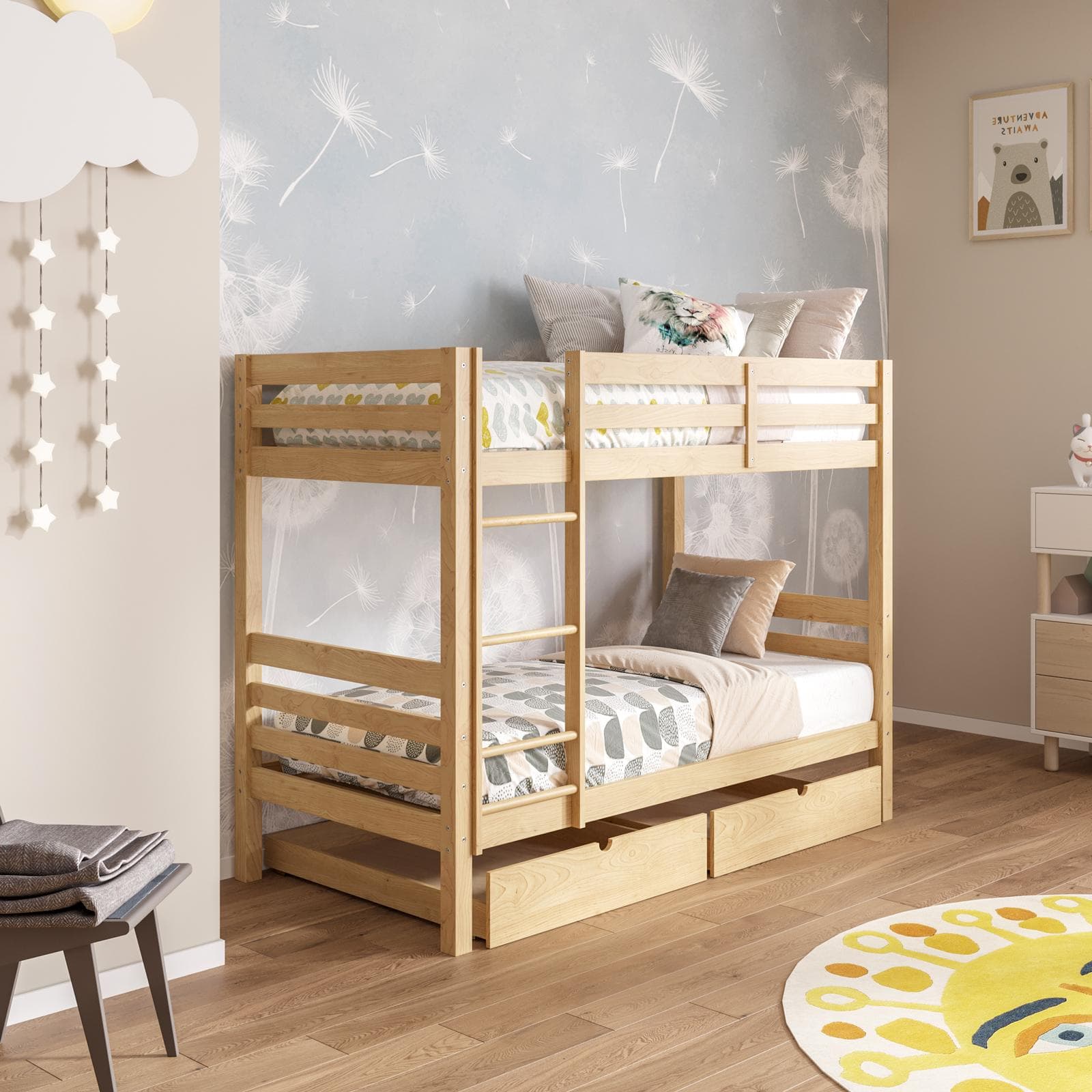 Letto a castello per bambini 90x190 cm in legno naturale con 2 cassettoni - Lollipop