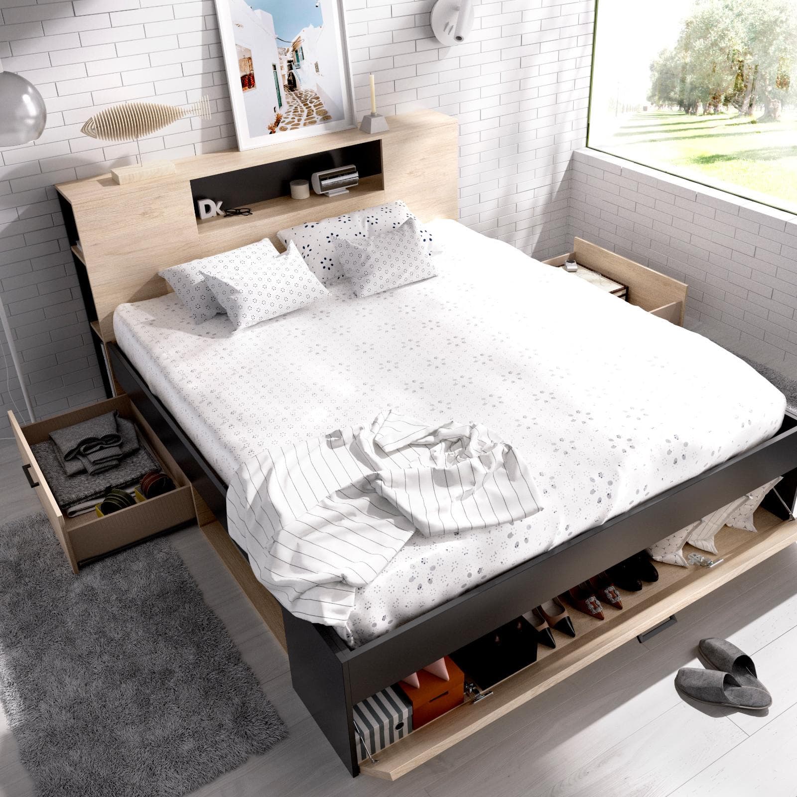 Letto matrimoniale 160x200 in legno naturale e grafite con vani e cassetti - Kygo