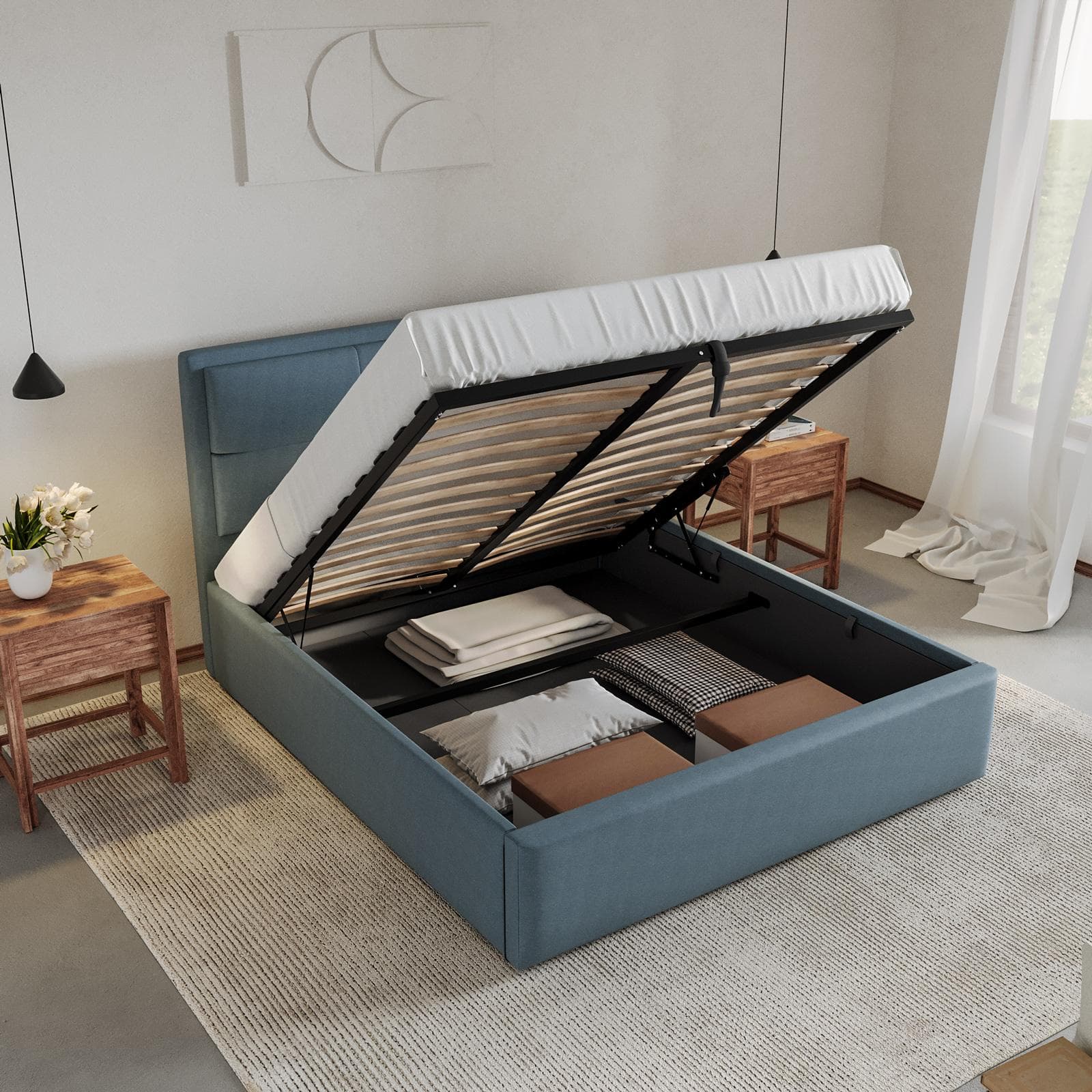 Letto matrimoniale 160x190 cm imbottito e rivestito in tessuto blu polvere con contenitore - Basha