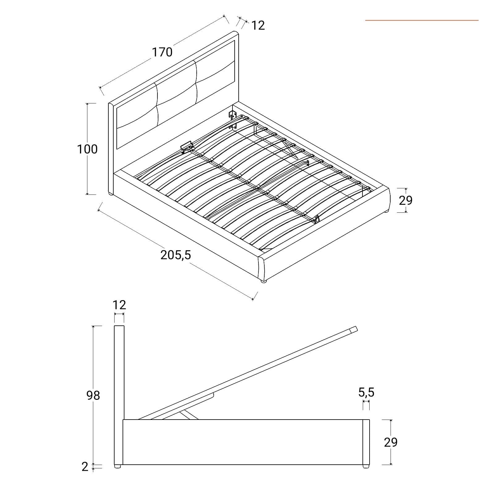Letto matrimoniale 160x190 cm imbottito e rivestito in tessuto blu polvere con contenitore - Basha