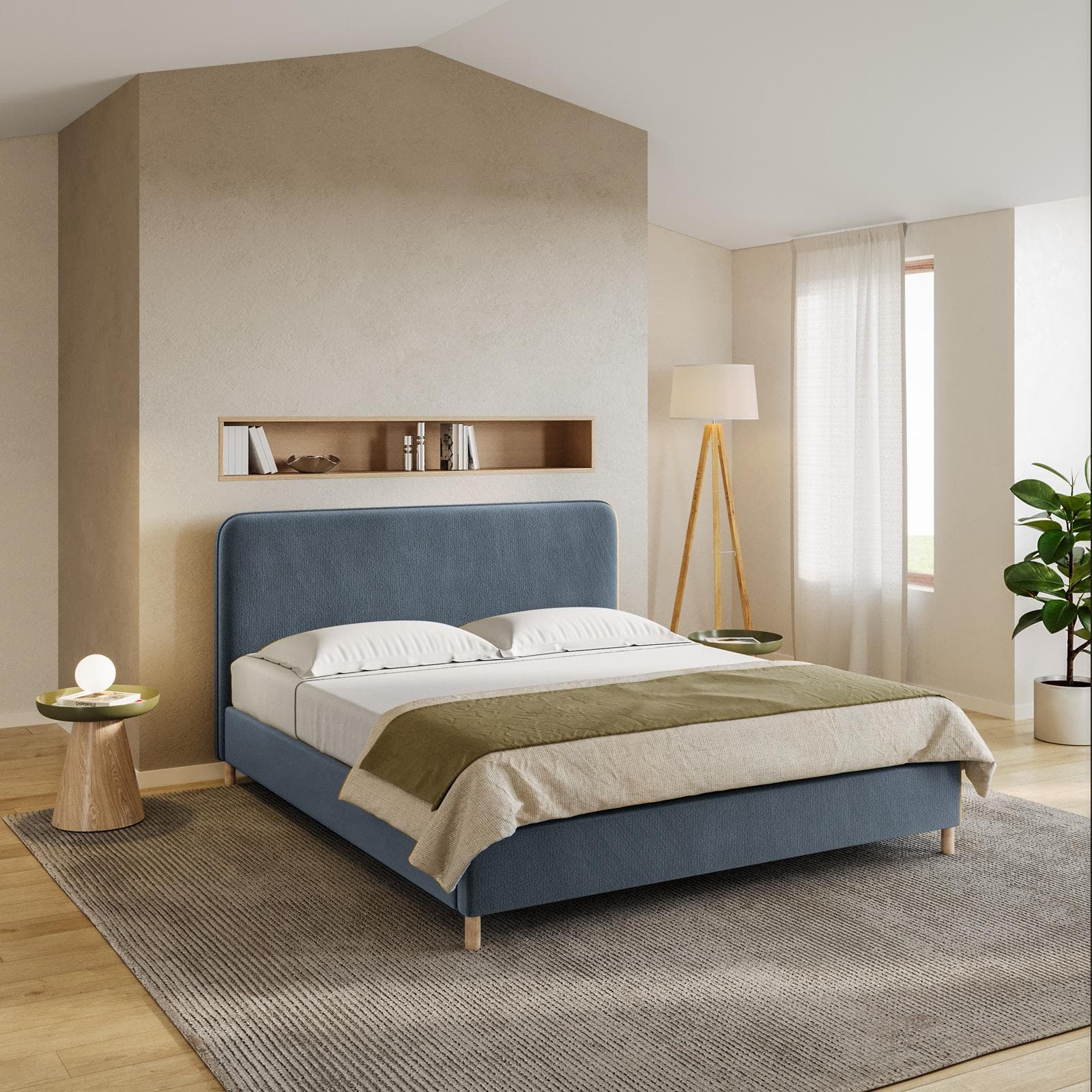 Letto matrimoniale 160x190 cm in tessuto blu polvere con gambe in legno - Teilsh