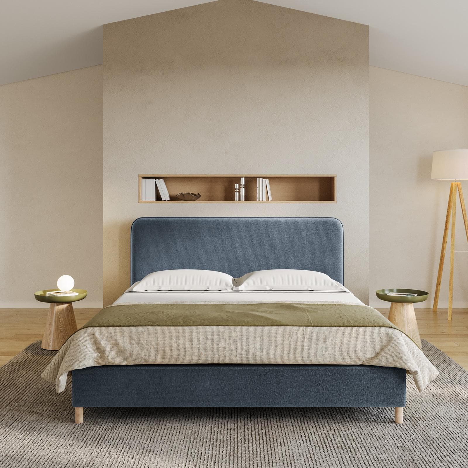 Letto matrimoniale 160x190 cm in tessuto blu polvere con gambe in legno - Teilsh