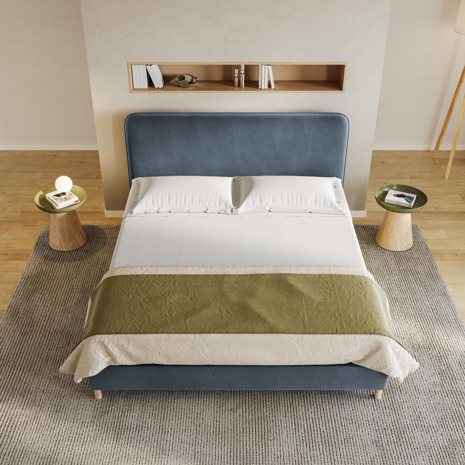 Letto matrimoniale 160x190 cm in tessuto blu polvere con gambe in legno - Teilsh