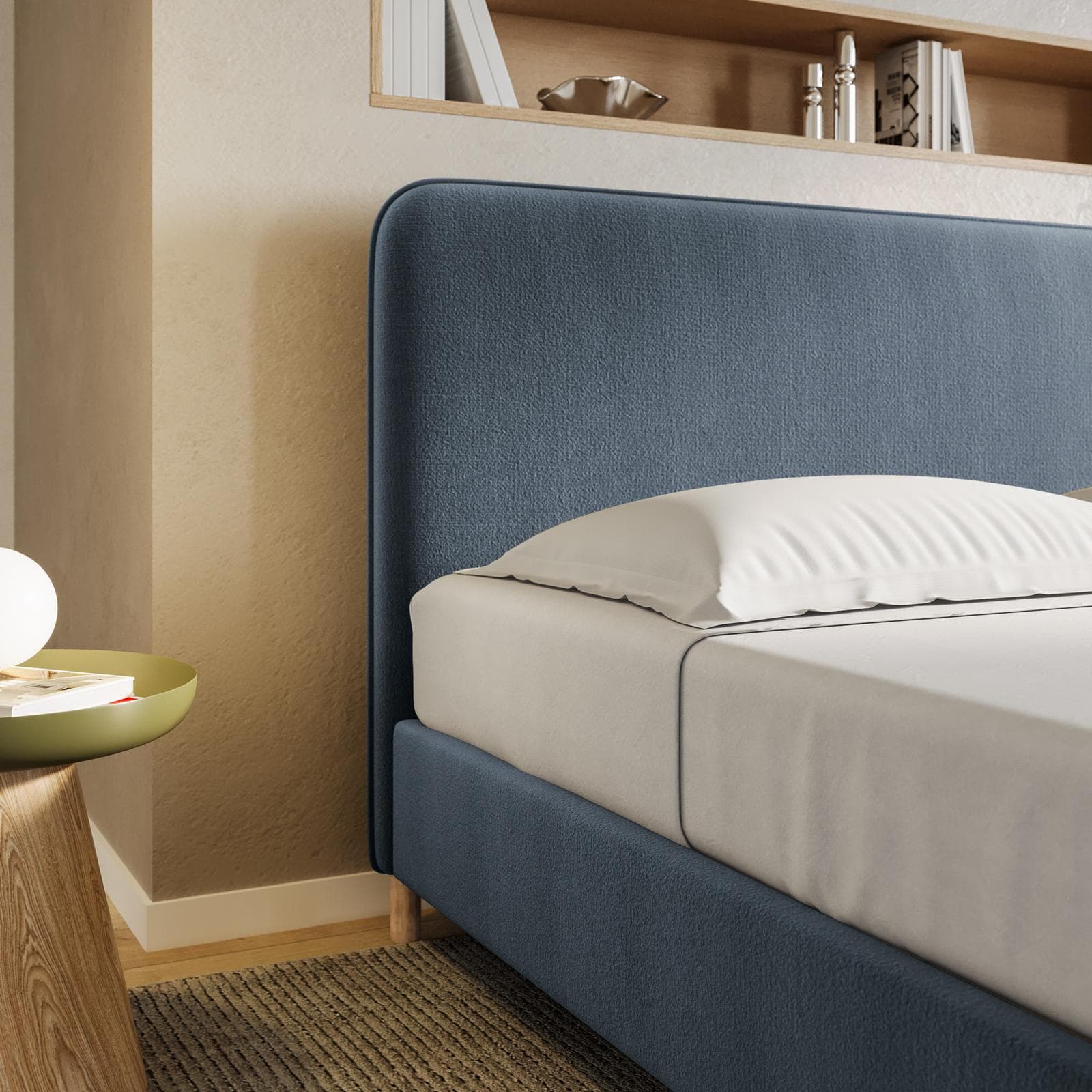 Letto matrimoniale 160x190 cm in tessuto blu polvere con gambe in legno - Teilsh