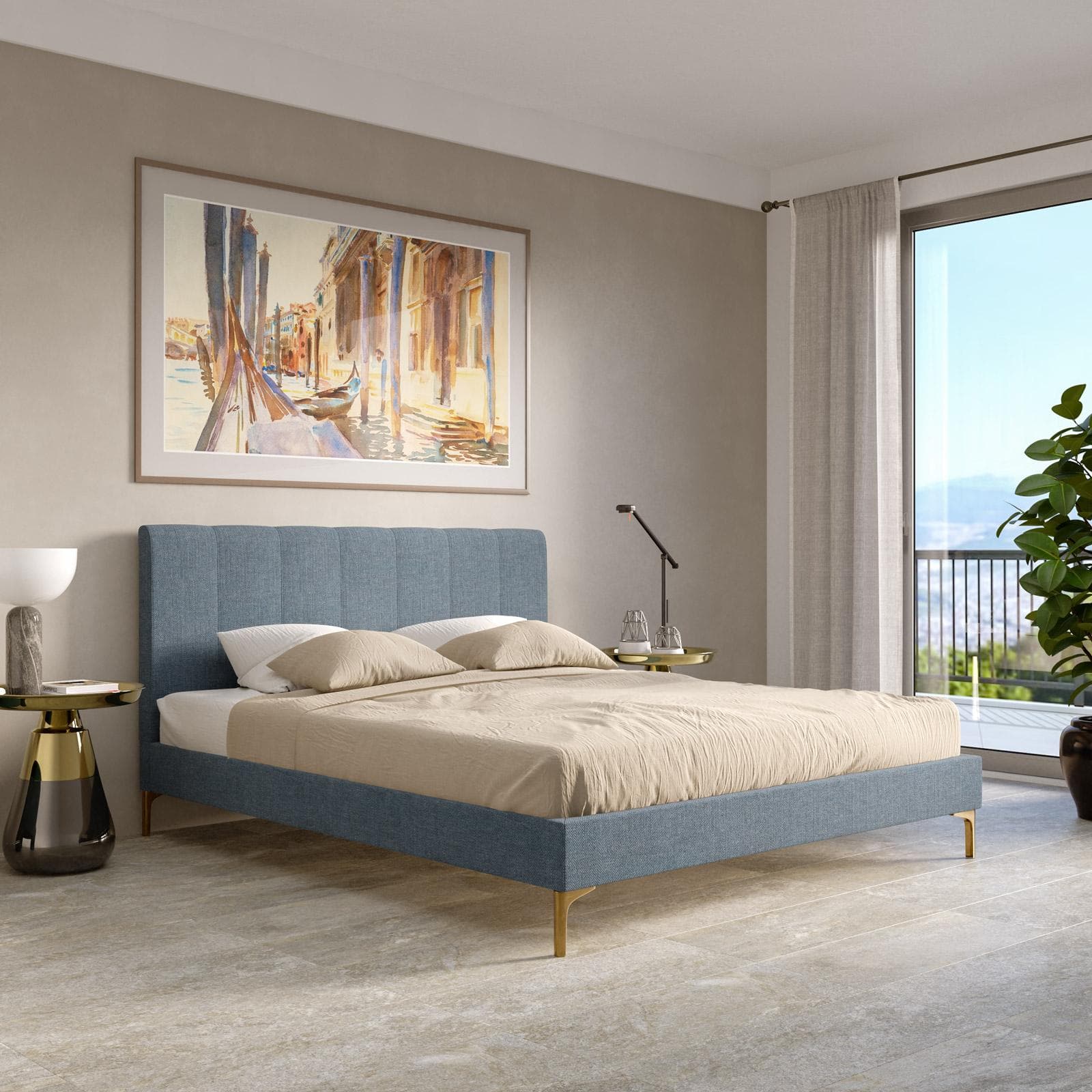 Letto matrimoniale 160x190 cm in tessuto blu polvere con gambe oro opaco - Firik