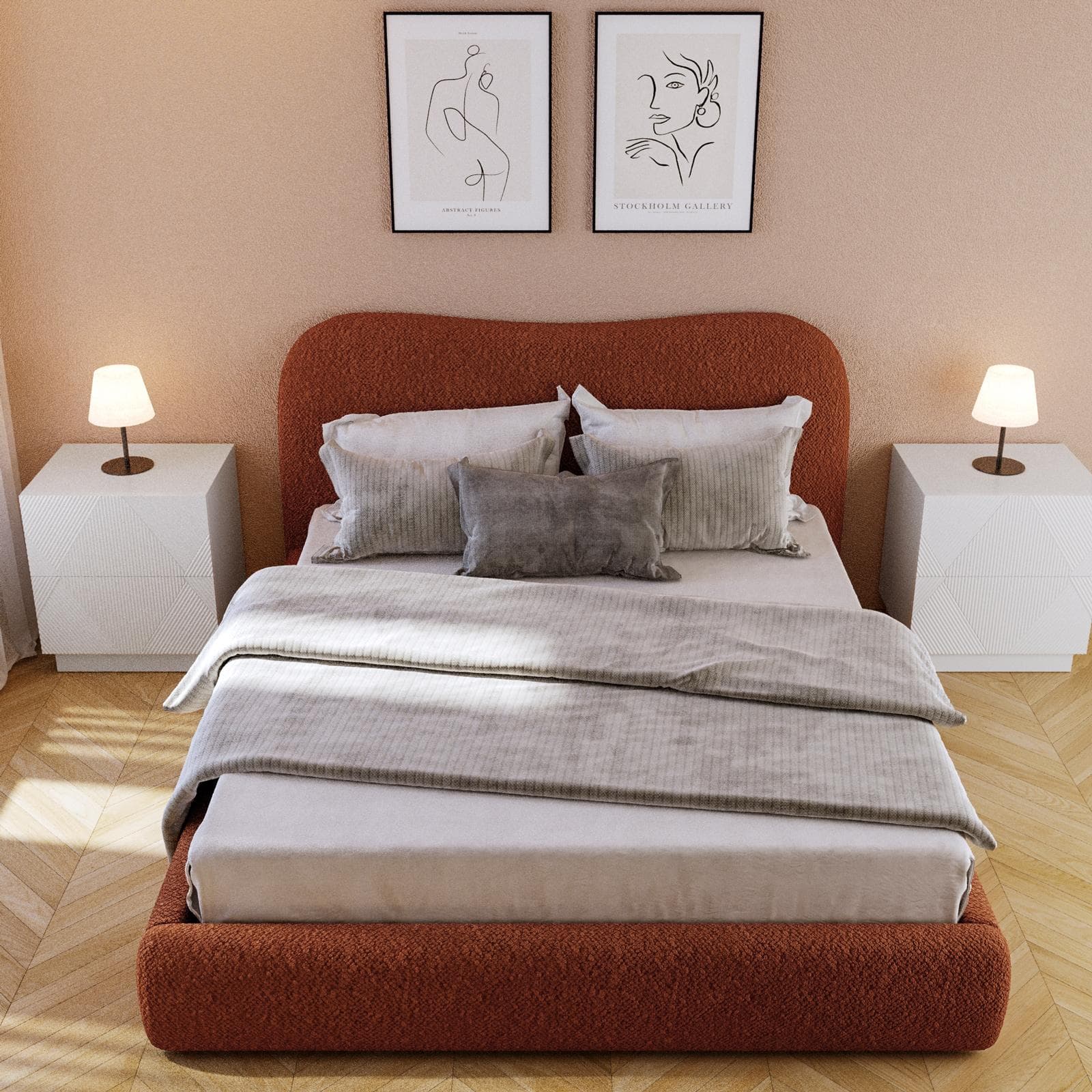 Letto matrimoniale 160x190 cm in tessuto bouclé ruggine con contenitore - Bradley