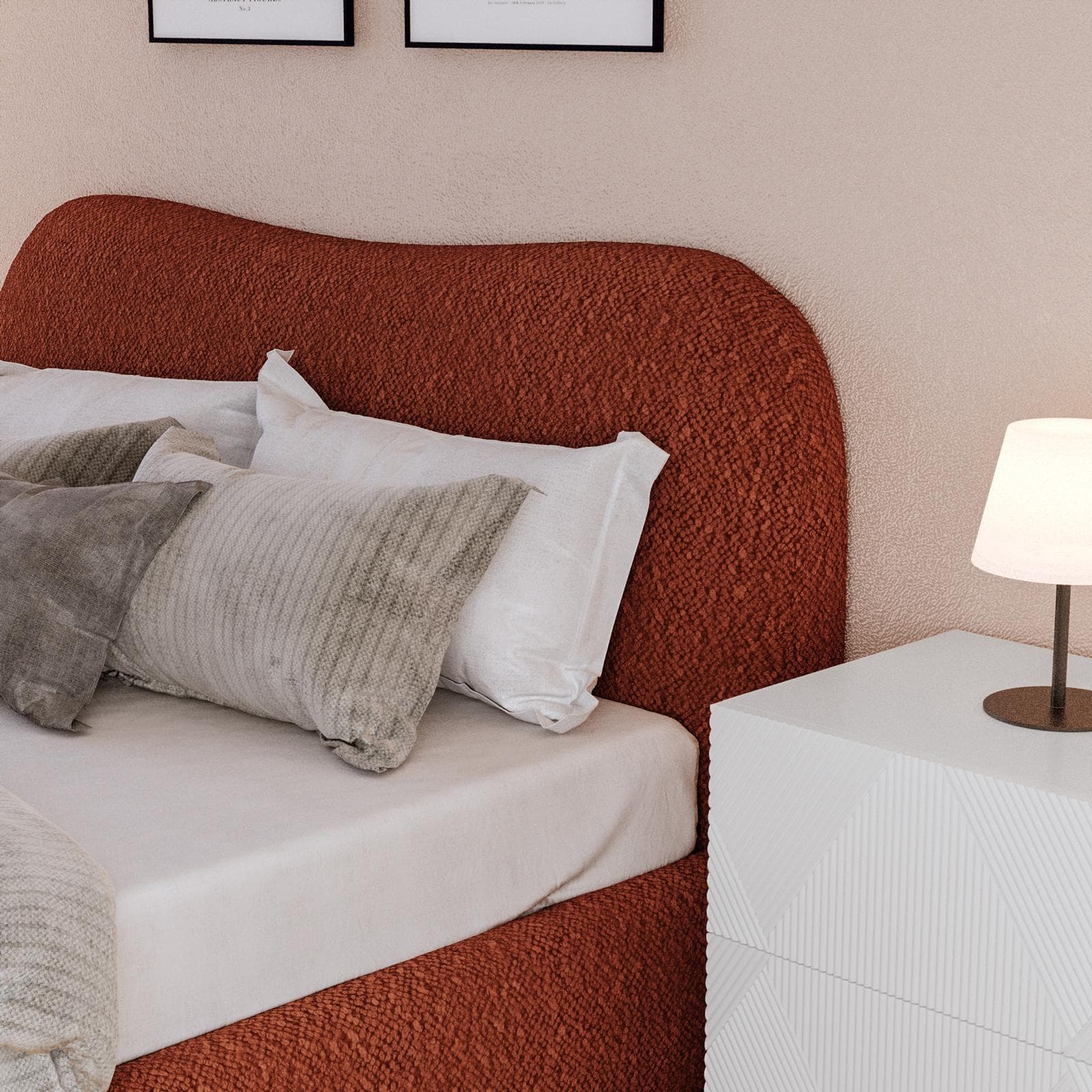 Letto matrimoniale 160x190 cm in tessuto bouclé ruggine con contenitore - Bradley