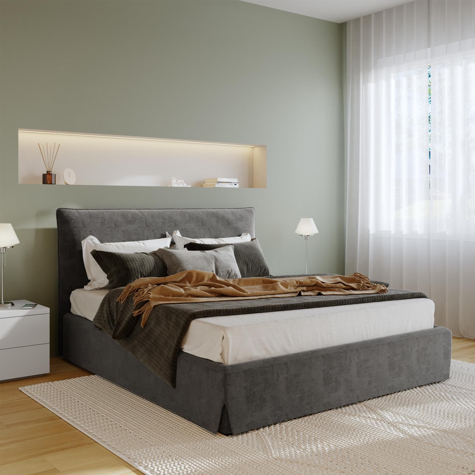 Letto matrimoniale 160x190 cm in tessuto cenere con contenitore - Blissy