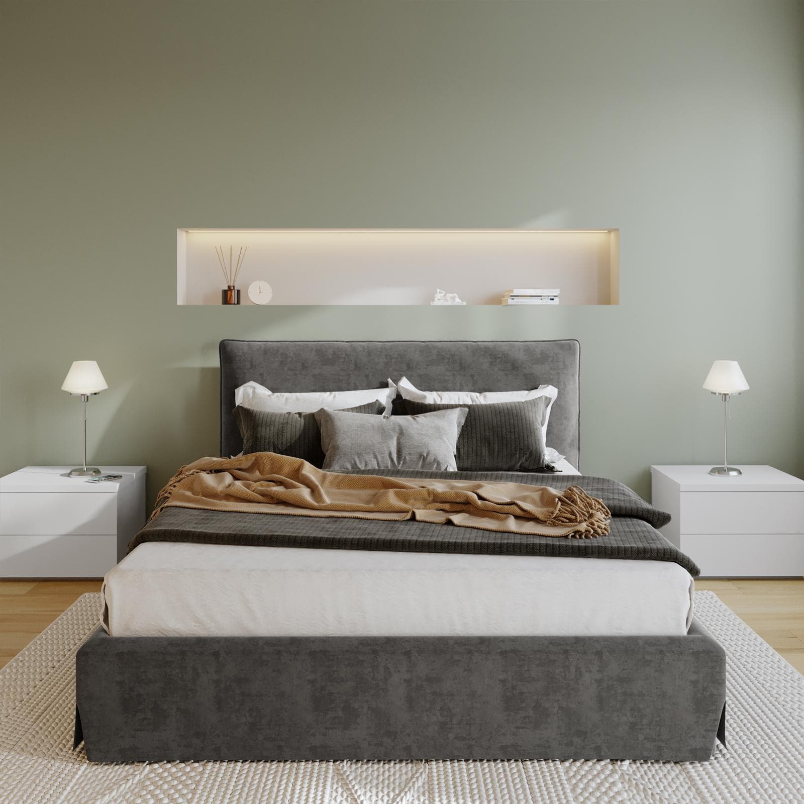 Letto matrimoniale 160x190 cm in tessuto cenere con contenitore - Blissy