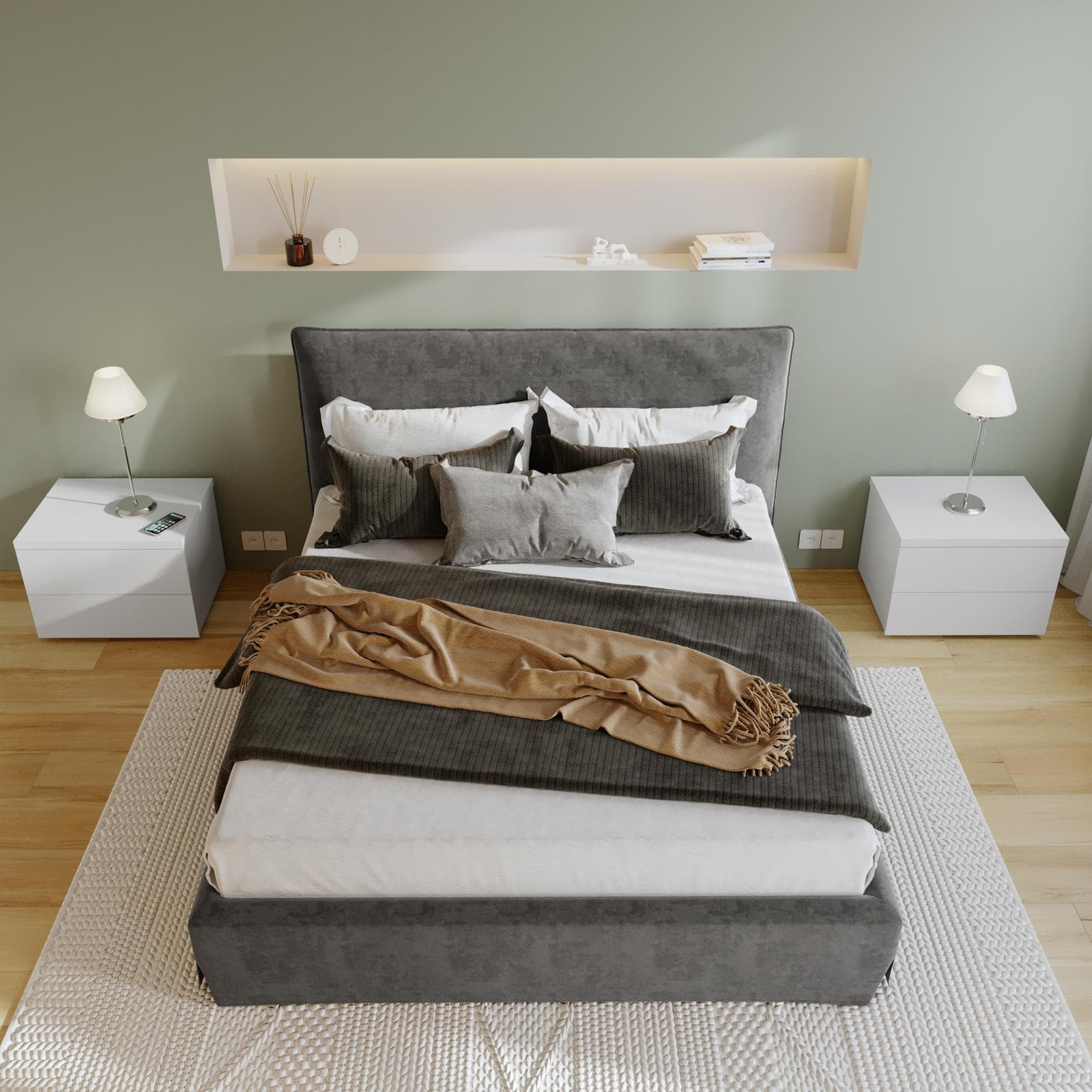 Letto matrimoniale 160x190 cm in tessuto cenere con contenitore - Blissy