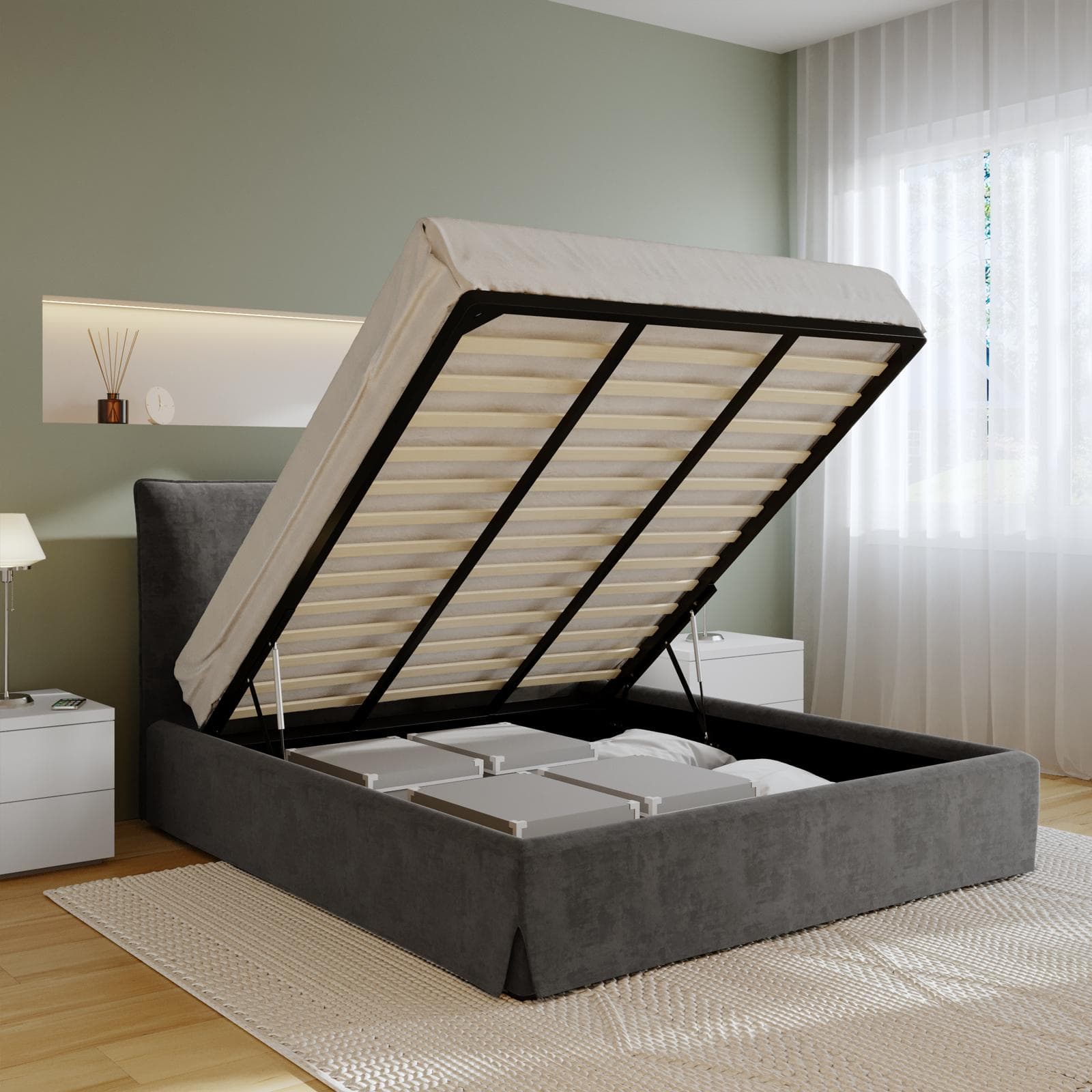 Letto matrimoniale 160x190 cm in tessuto cenere con contenitore - Blissy