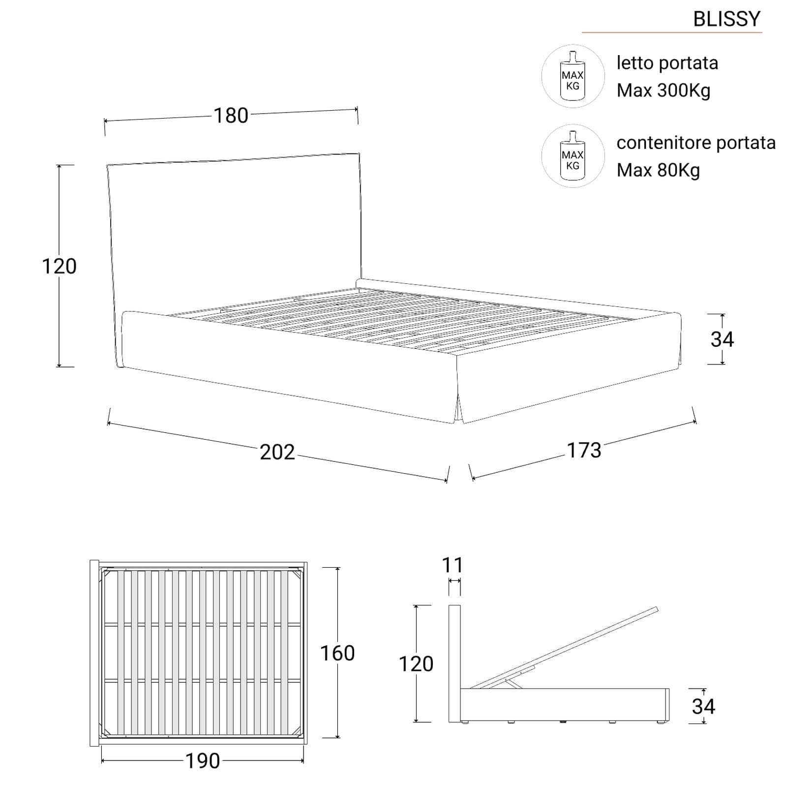 Letto matrimoniale 160x190 cm in tessuto cenere con contenitore - Blissy
