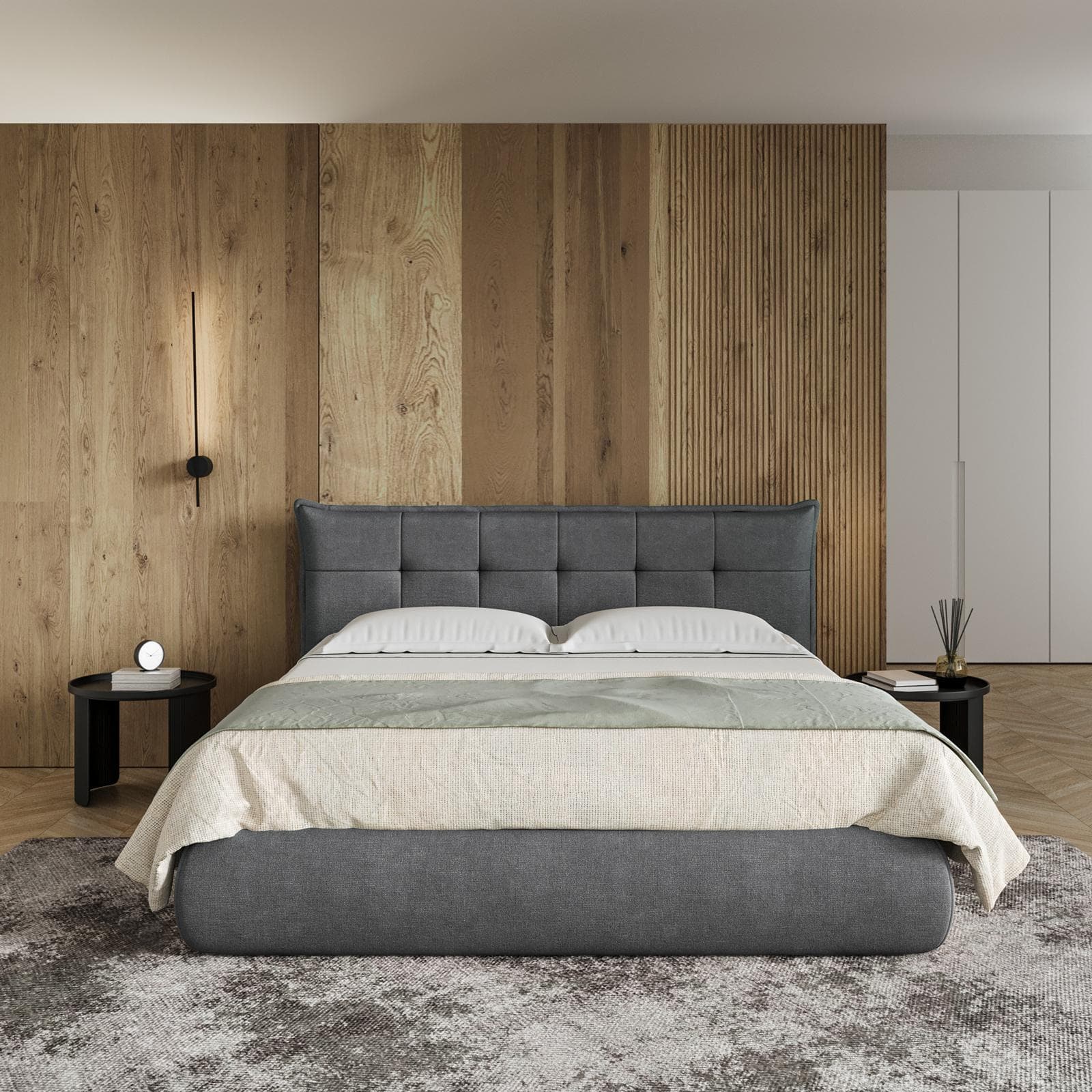 Letto matrimoniale 160x190 cm in tessuto cenere con contenitore - Vespar