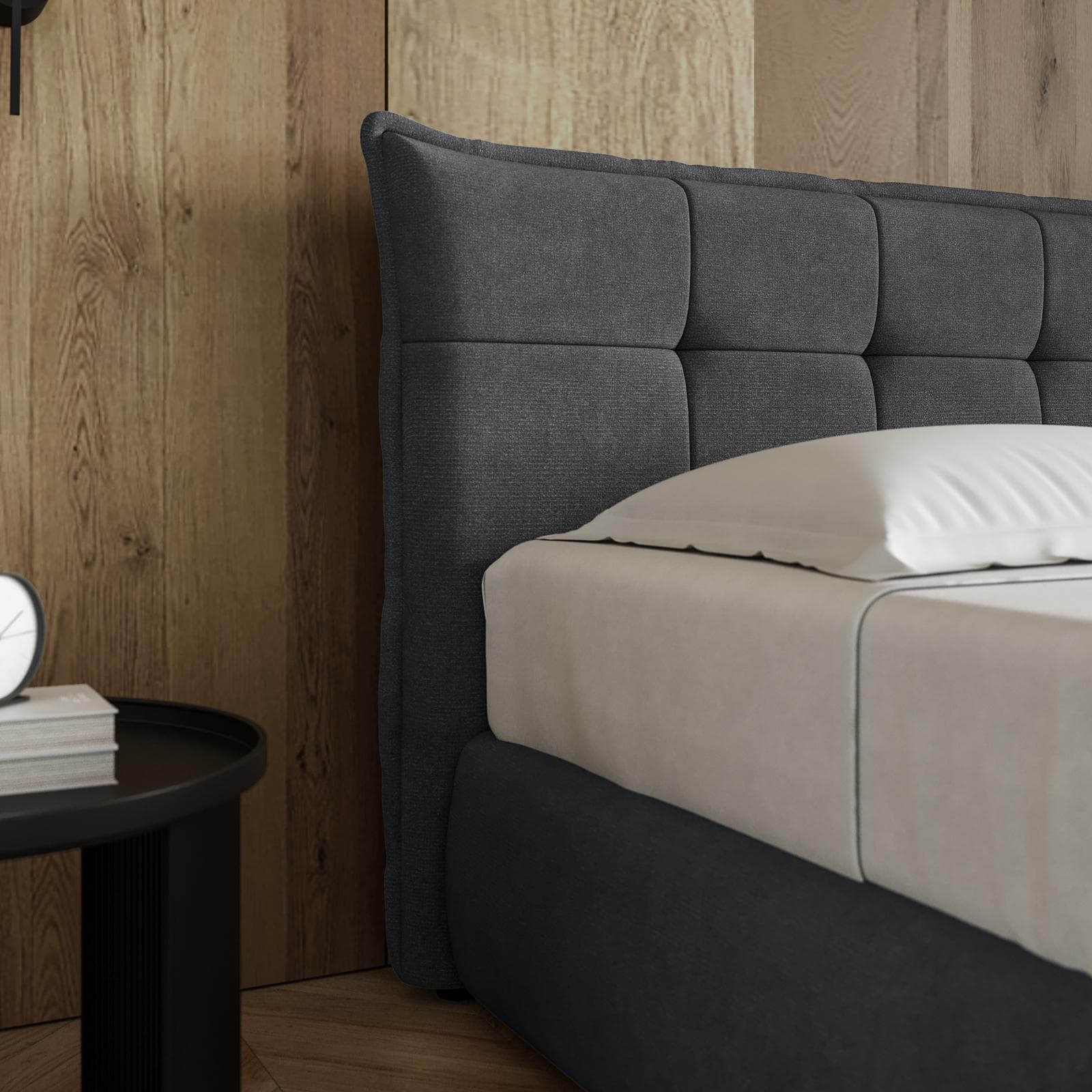 Letto matrimoniale 160x190 cm in tessuto cenere con contenitore - Vespar