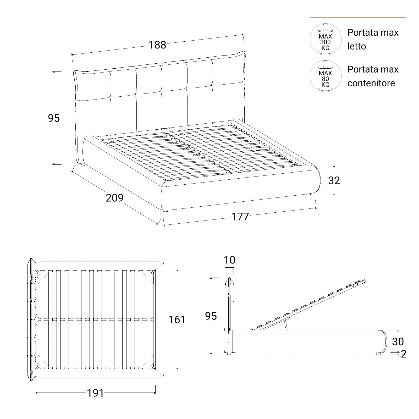 Letto matrimoniale 160x190 cm in tessuto cenere con contenitore - Vespar