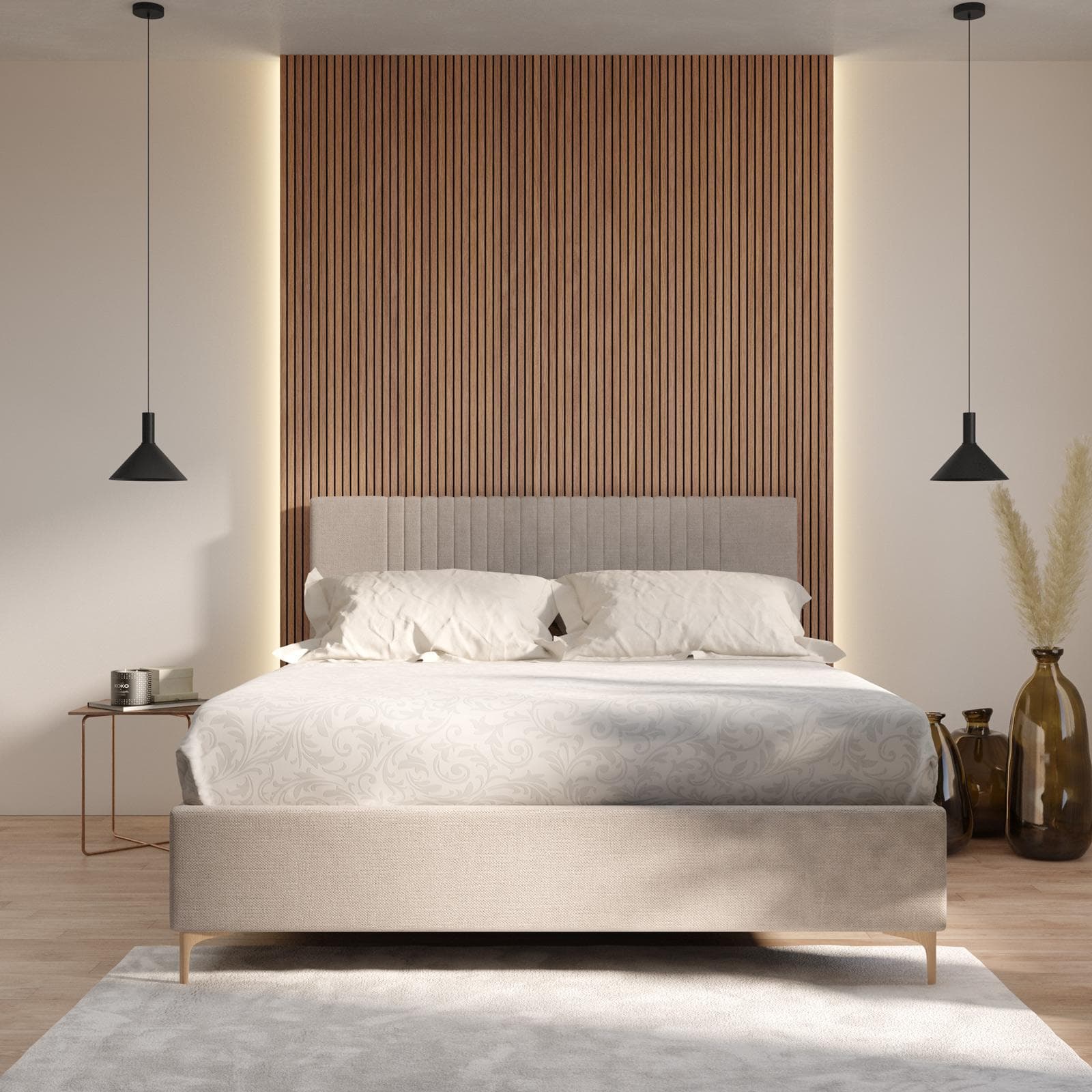 Letto matrimoniale 160x190 cm in tessuto crema con contenitore - Maverick