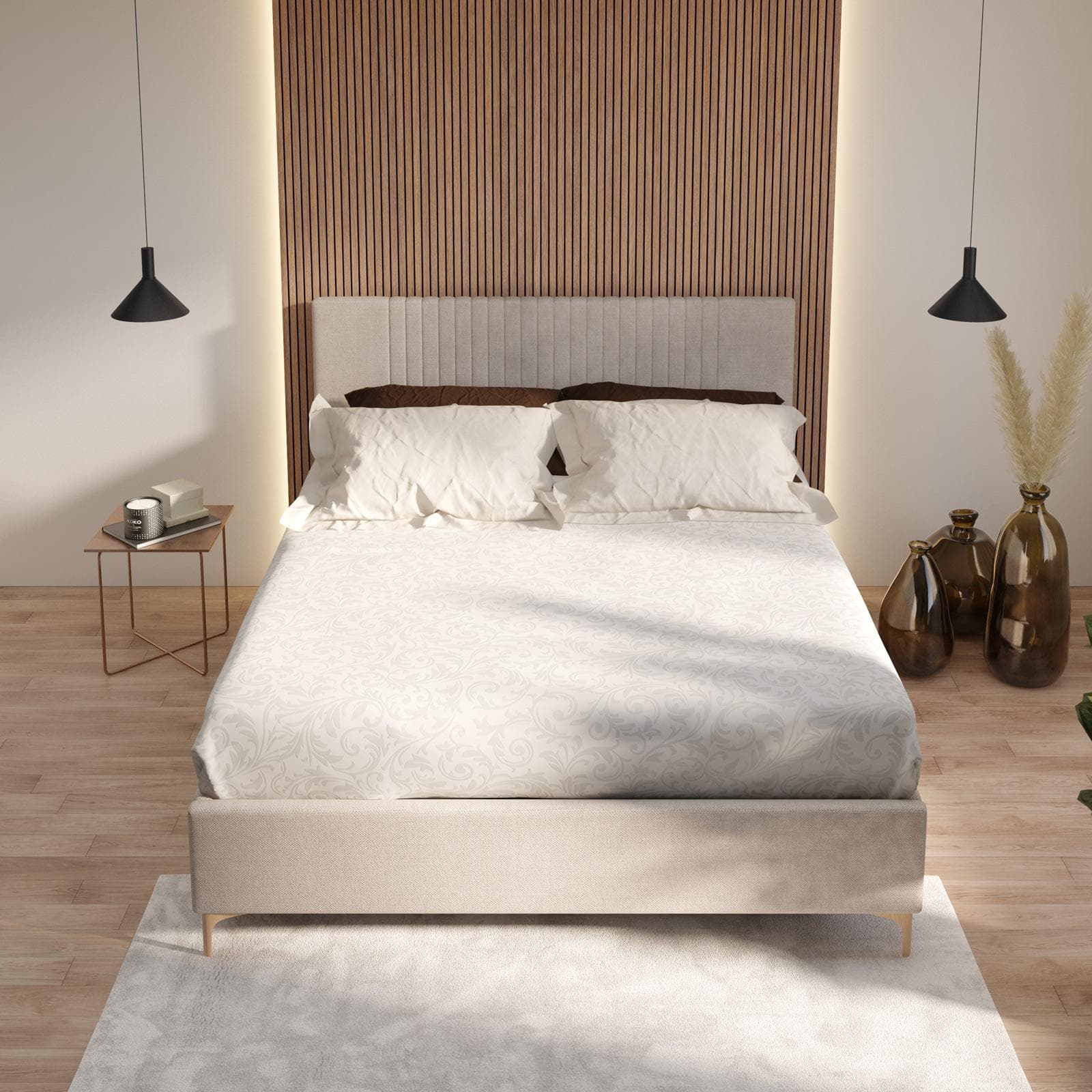 Letto matrimoniale 160x190 cm in tessuto crema con contenitore - Maverick