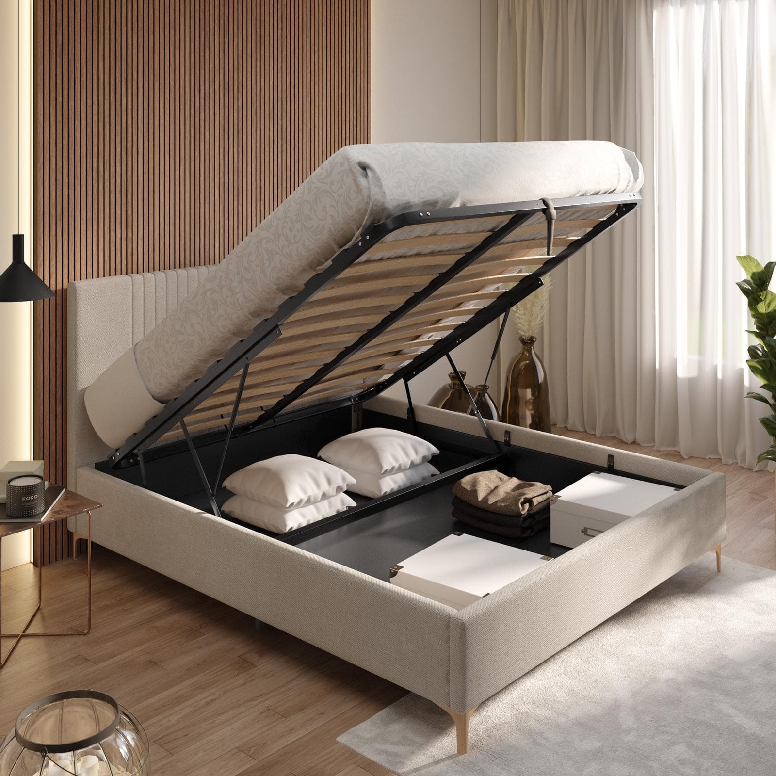 Letto matrimoniale 160x190 cm in tessuto crema con contenitore - Maverick