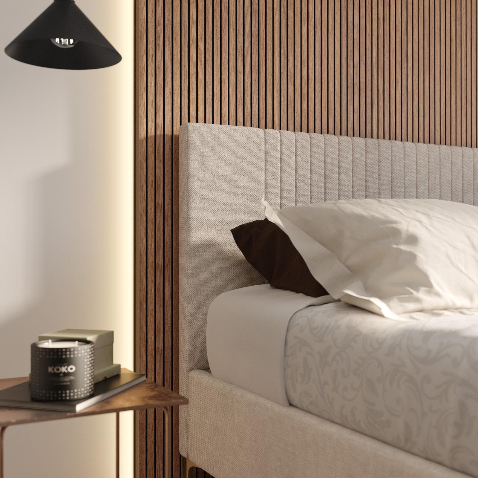 Letto matrimoniale 160x190 cm in tessuto crema con contenitore - Maverick
