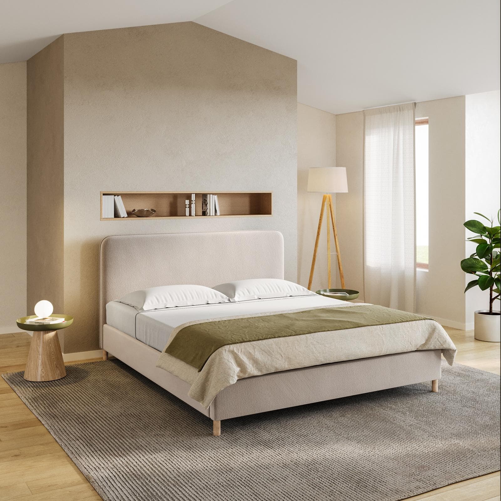 Letto matrimoniale 160x190 cm in tessuto crema con gambe in legno - Teilsh