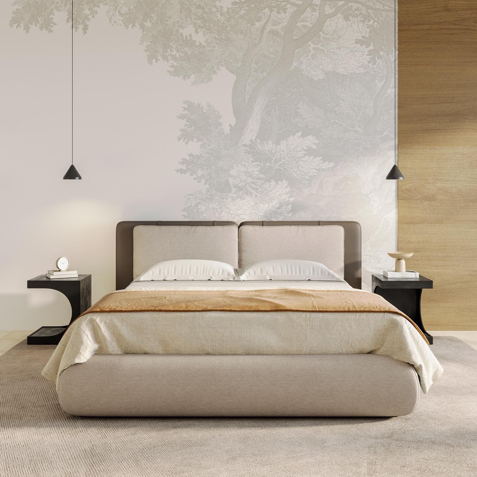 Letto matrimoniale 160x190 cm in tessuto crema e similpelle tortora scuro con contenitore - Thyldo