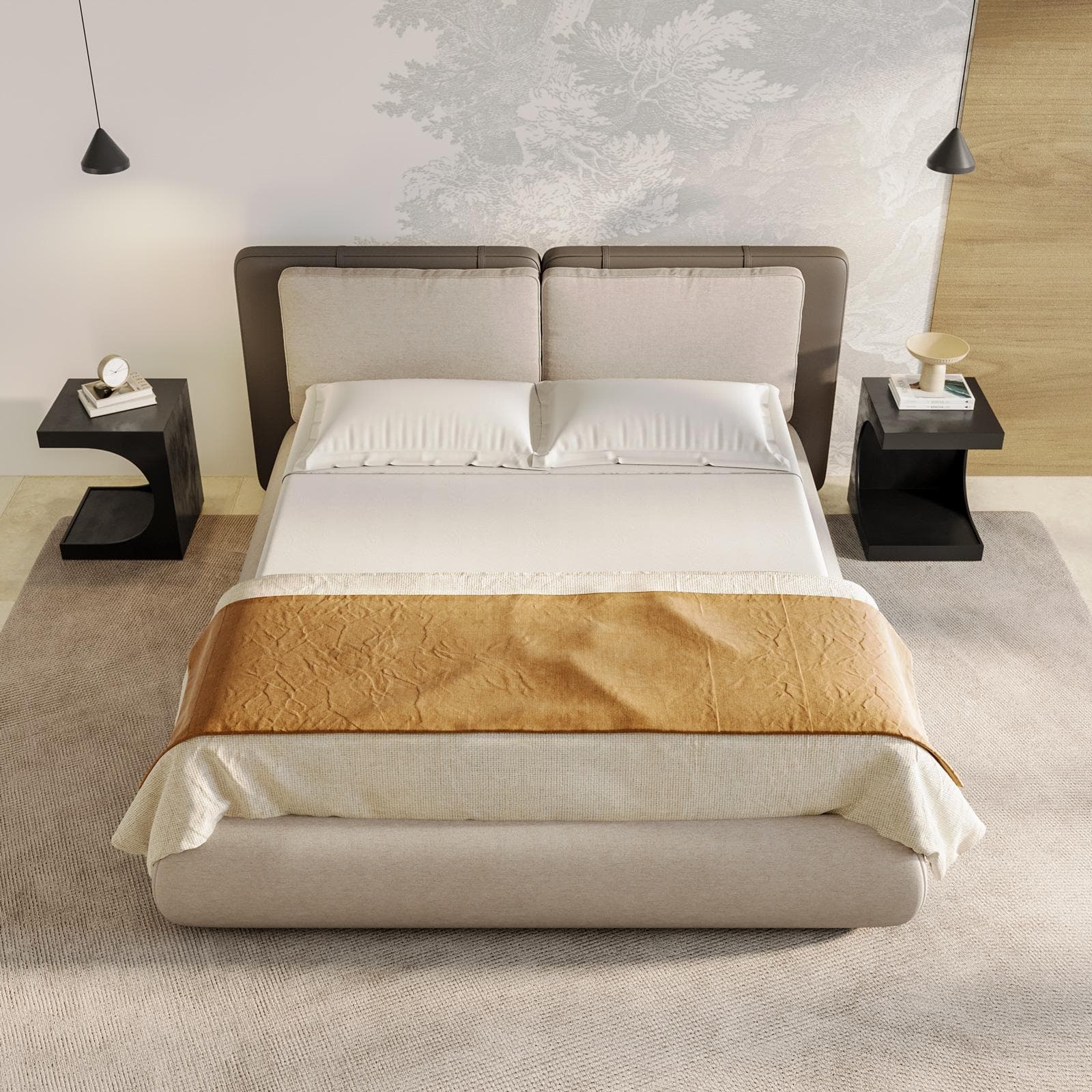 Letto matrimoniale 160x190 cm in tessuto crema e similpelle tortora scuro con contenitore - Thyldo