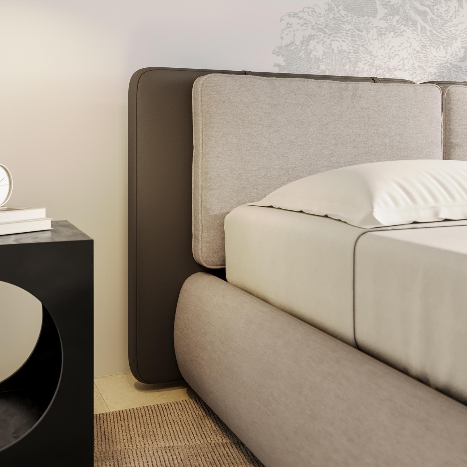 Letto matrimoniale 160x190 cm in tessuto crema e similpelle tortora scuro con contenitore - Thyldo