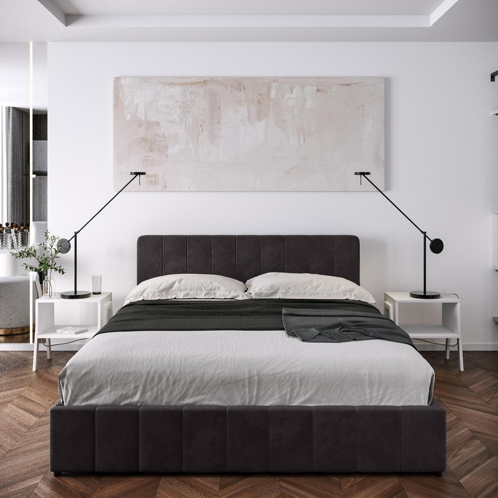 Letto matrimoniale contenitore 160x200 cm in tessuto effetto maglia antracite con connettore usb - Kayden