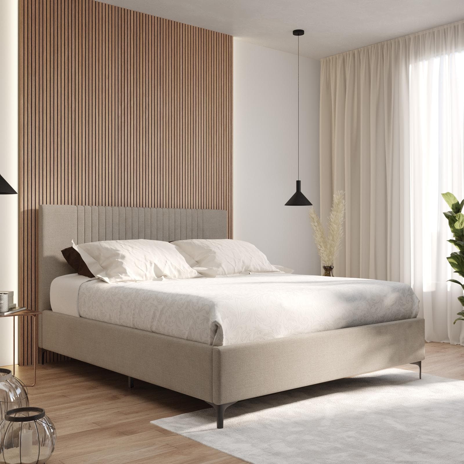 Letto matrimoniale 160x190 cm in tessuto effetto maglia tortora chiaro con contenitore - Maverick
