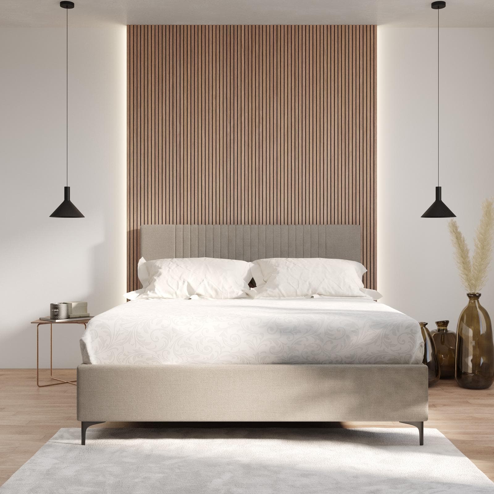 Letto matrimoniale 160x190 cm in tessuto effetto maglia tortora chiaro con contenitore - Maverick