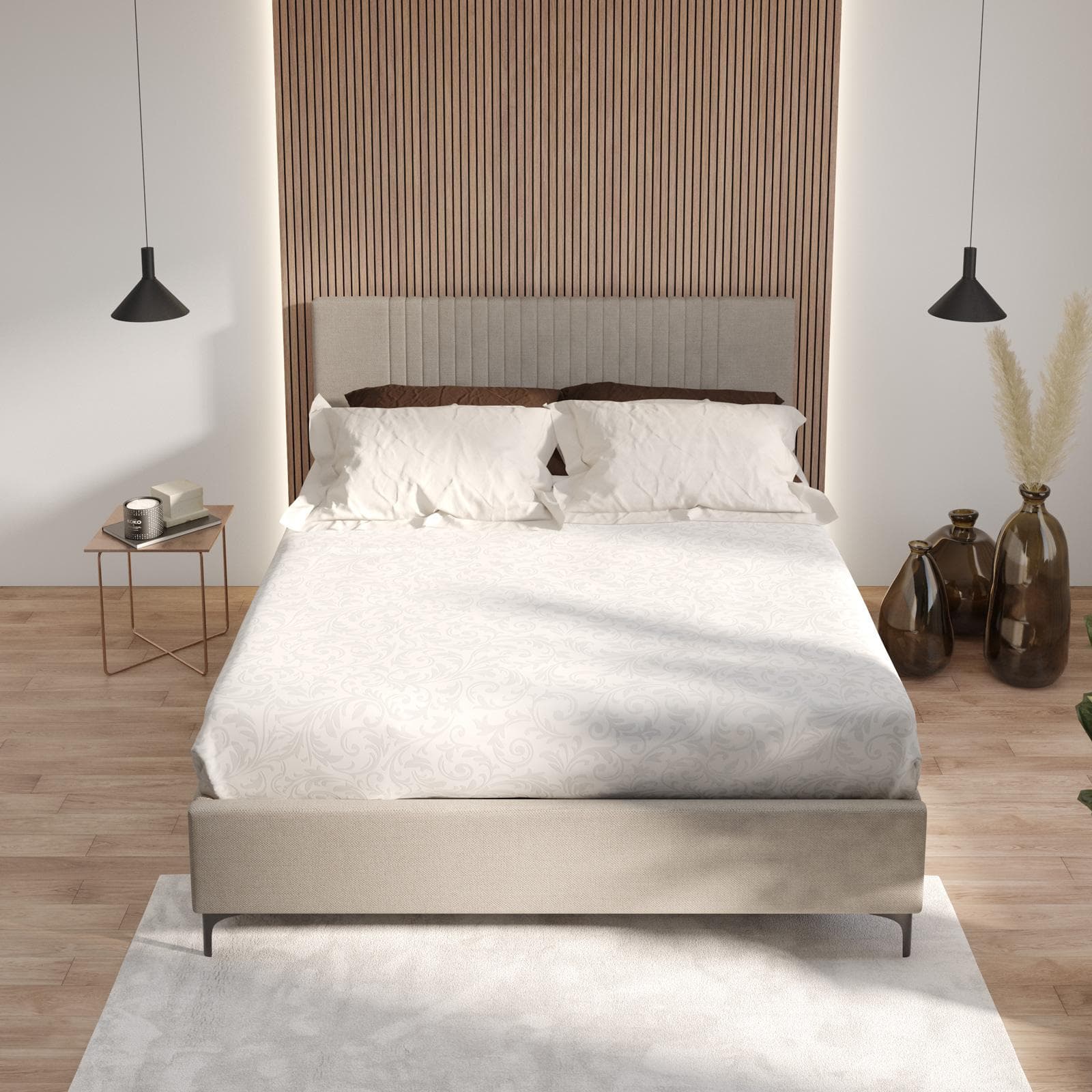 Letto matrimoniale 160x190 cm in tessuto effetto maglia tortora chiaro con contenitore - Maverick