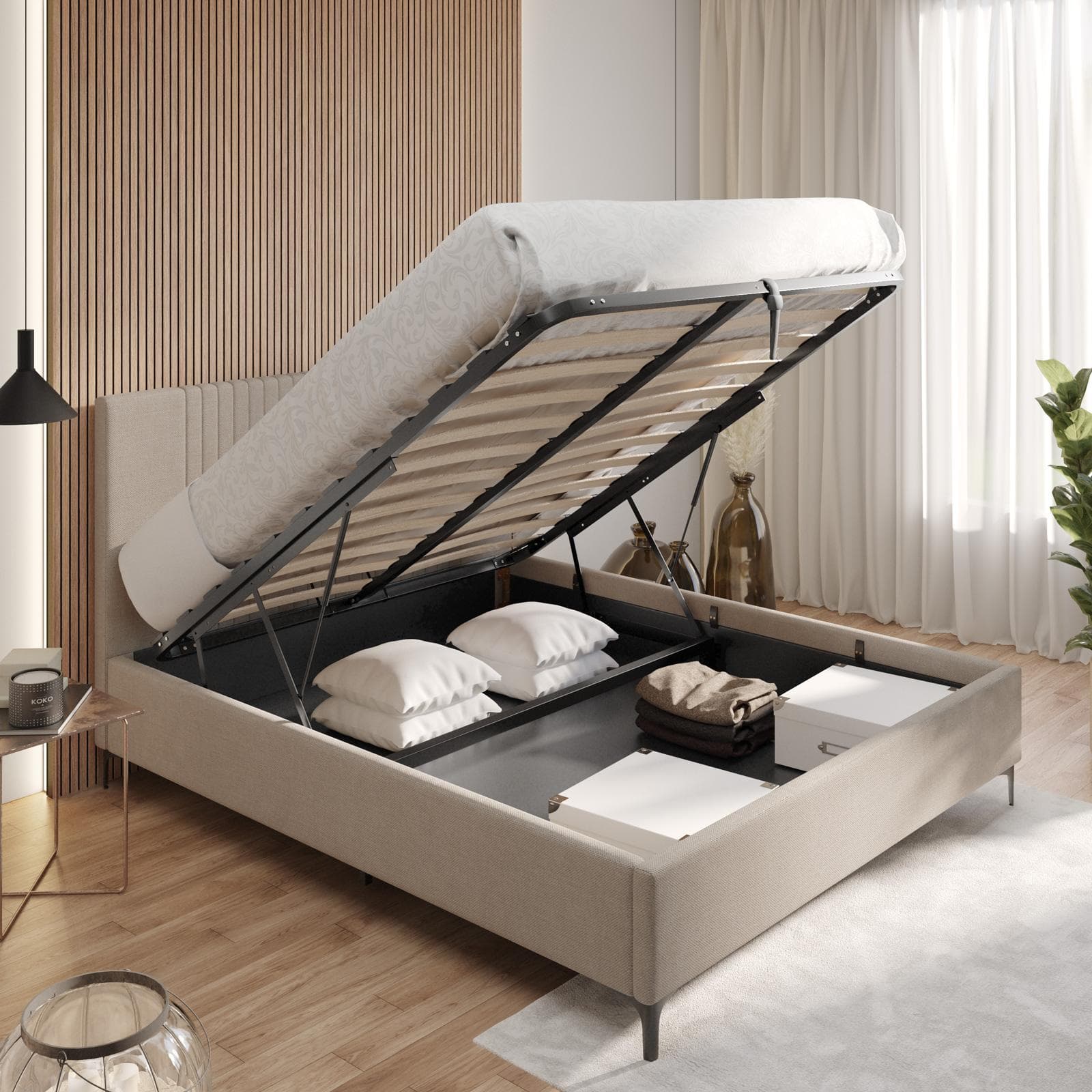 Letto matrimoniale 160x190 cm in tessuto effetto maglia tortora chiaro con contenitore - Maverick