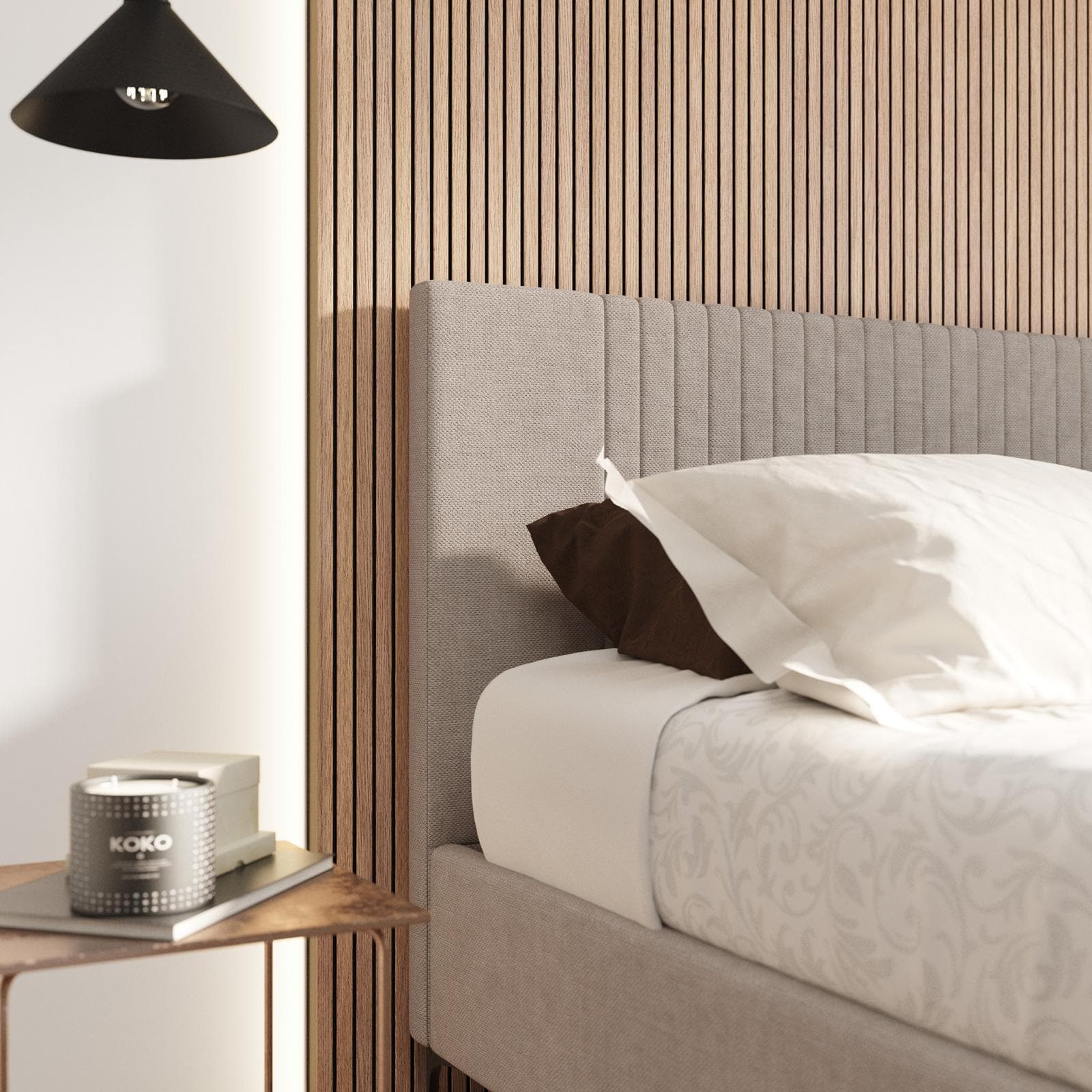 Letto matrimoniale 160x190 cm in tessuto effetto maglia tortora chiaro con contenitore - Maverick
