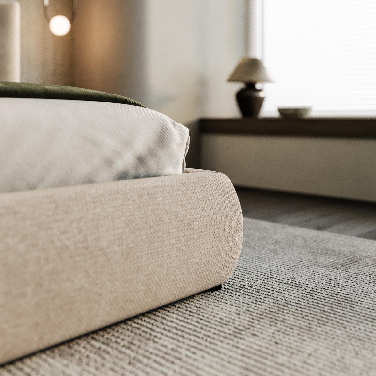 Letto matrimoniale 160x190 cm in tessuto effetto maglia beige con testata ampia - Sipario