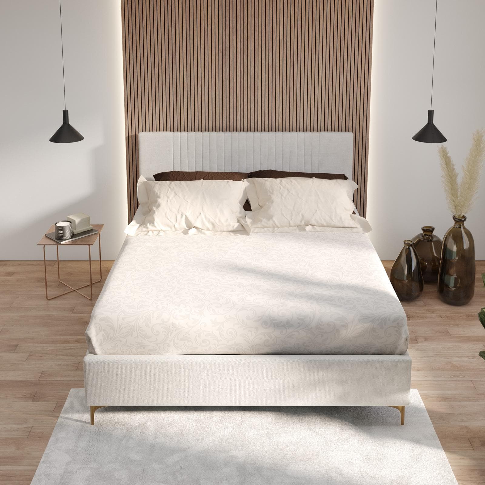 Letto matrimoniale 160x190 cm in tessuto effetto maglia off white con contenitore e piedi oro - Maverick