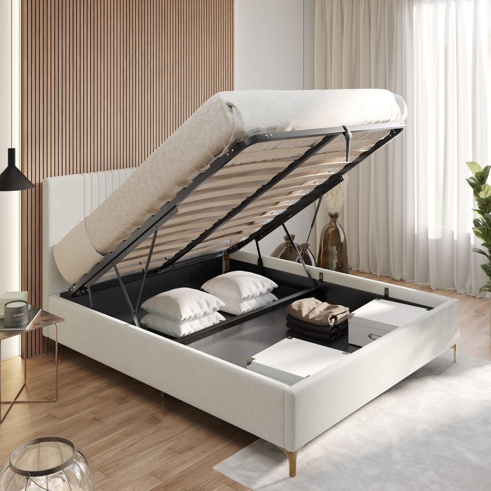 Letto matrimoniale 160x190 cm in tessuto effetto maglia off white con contenitore e piedi oro - Maverick