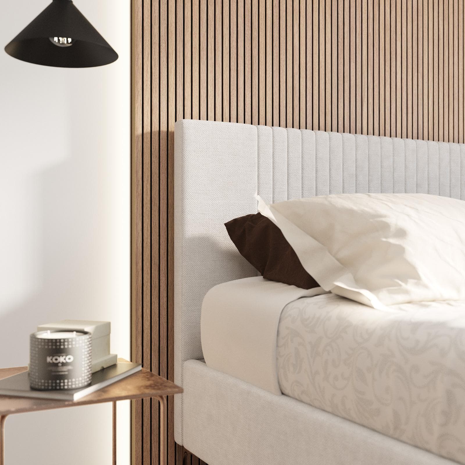 Letto matrimoniale 160x190 cm in tessuto effetto maglia off white con contenitore e piedi oro - Maverick