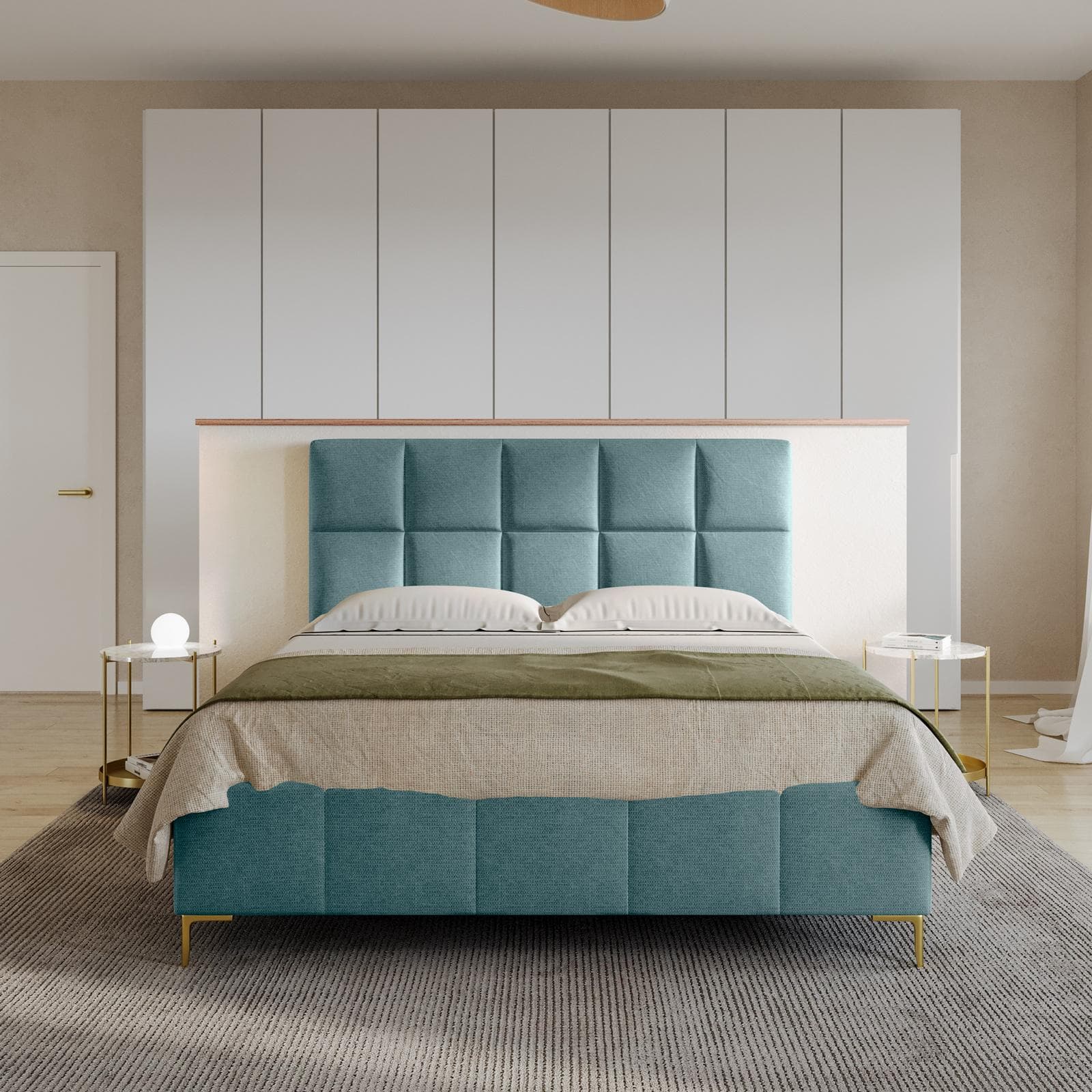 Letto matrimoniale 160x190 cm in tessuto effetto maglia verde salvia con gambe oro e contenitore - Muzai