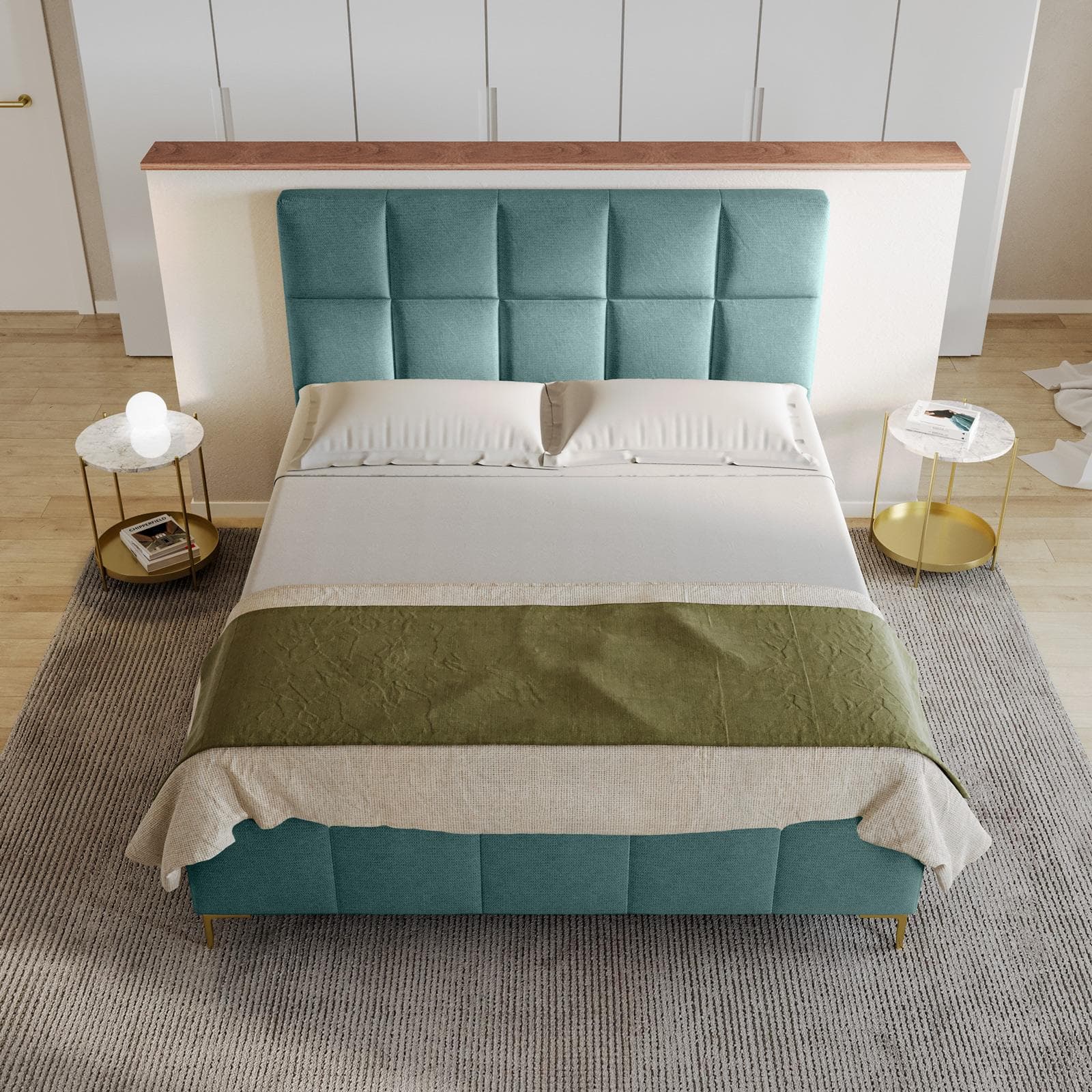 Letto matrimoniale 160x190 cm in tessuto effetto maglia verde salvia con gambe oro e contenitore - Muzai