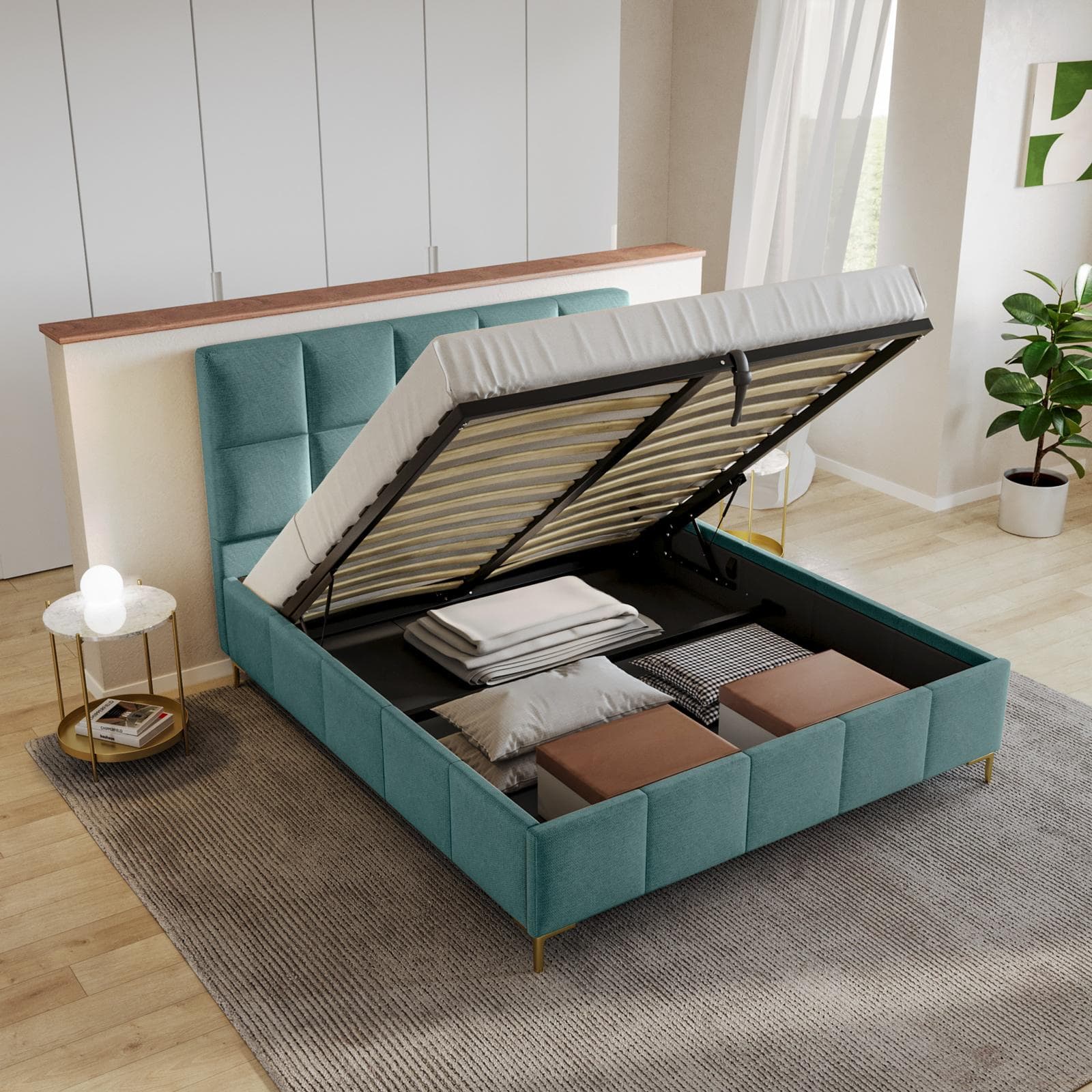 Letto matrimoniale 160x190 cm in tessuto effetto maglia verde salvia con gambe oro e contenitore - Muzai