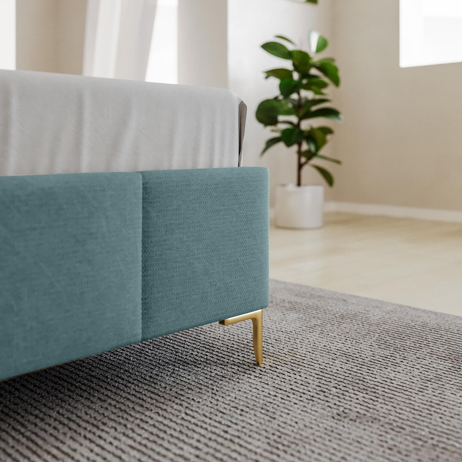 Letto matrimoniale 160x190 cm in tessuto effetto maglia verde salvia con gambe oro e contenitore - Muzai
