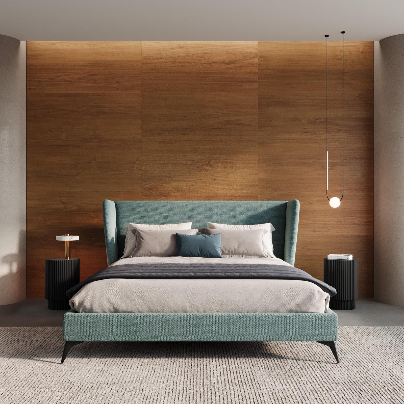 Letto matrimoniale 160x190 cm in tessuto effetto maglia verde salvia con piedi in metallo nero - Melodia