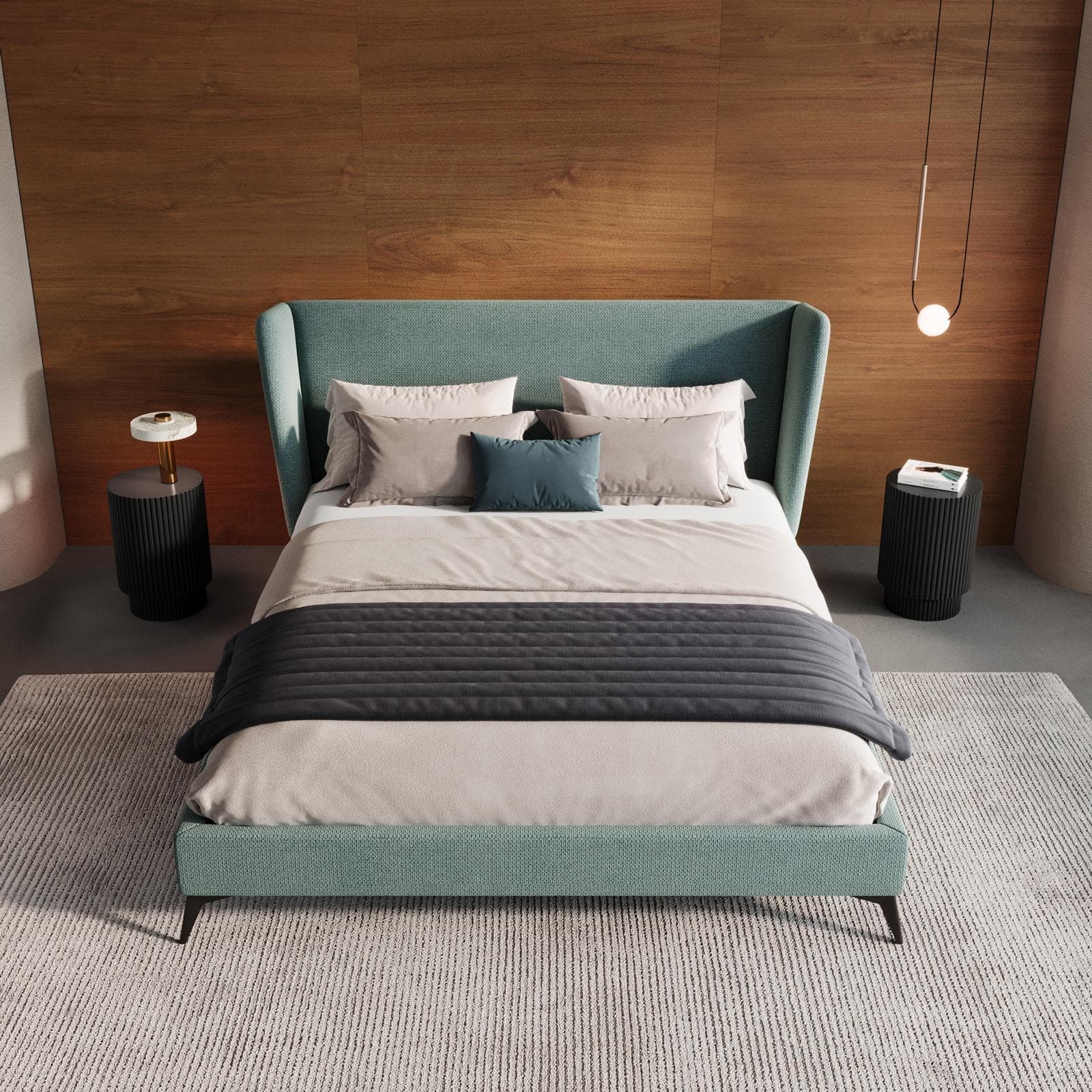 Letto matrimoniale 160x190 cm in tessuto effetto maglia verde salvia con piedi in metallo nero - Melodia