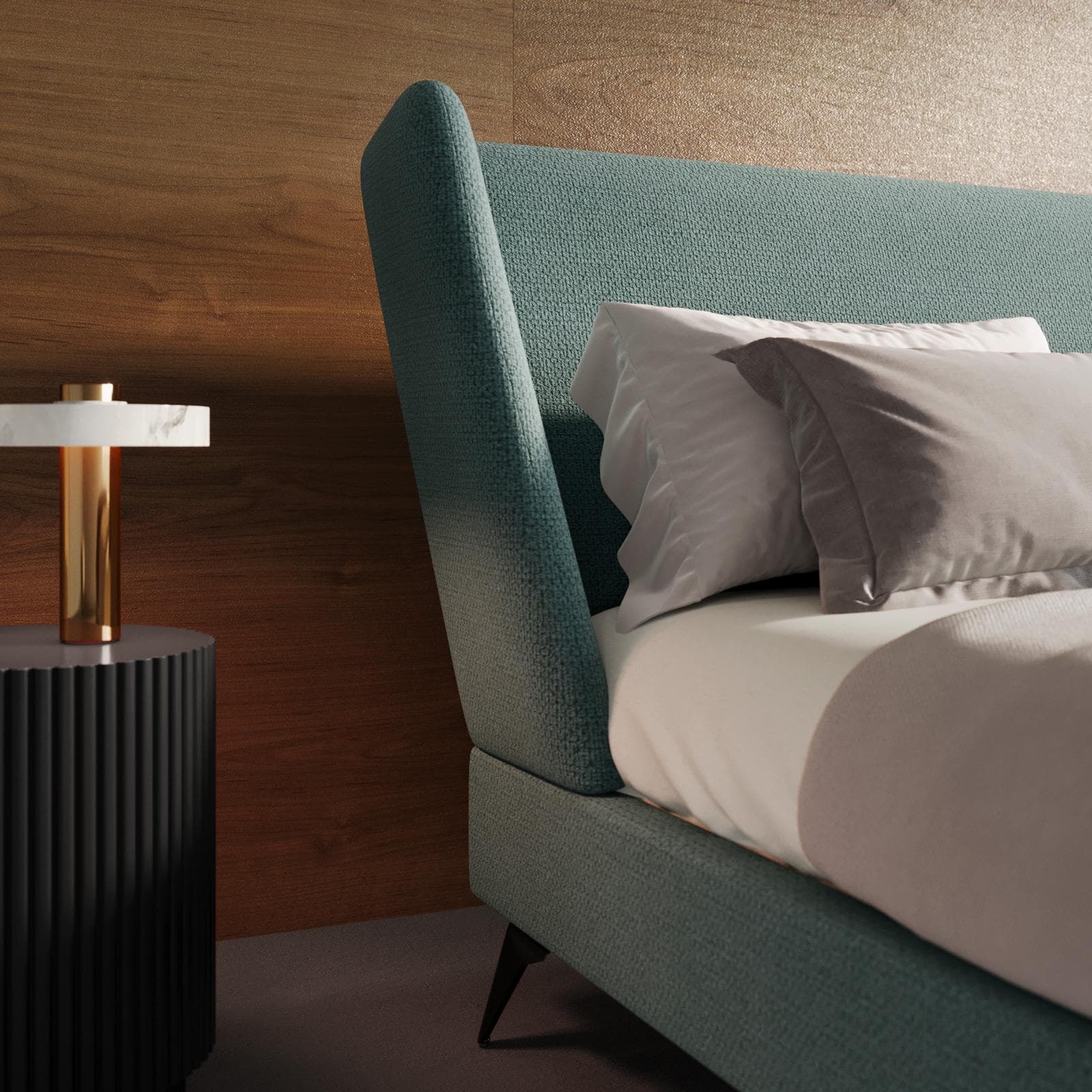 Letto matrimoniale 160x190 cm in tessuto effetto maglia verde salvia con piedi in metallo nero - Melodia