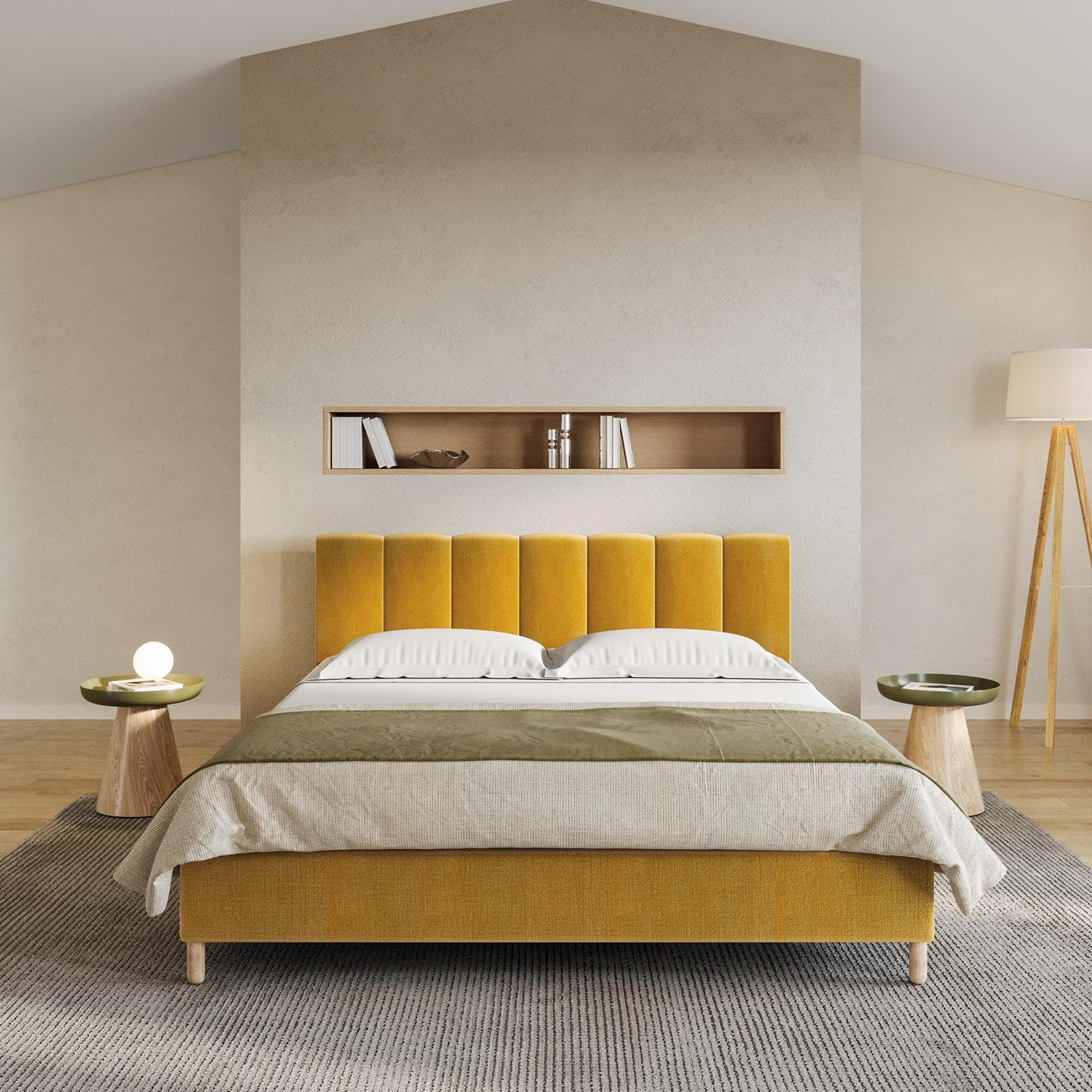 Letto matrimoniale 160x190 cm in tessuto senape con gambe in legno - Diskel