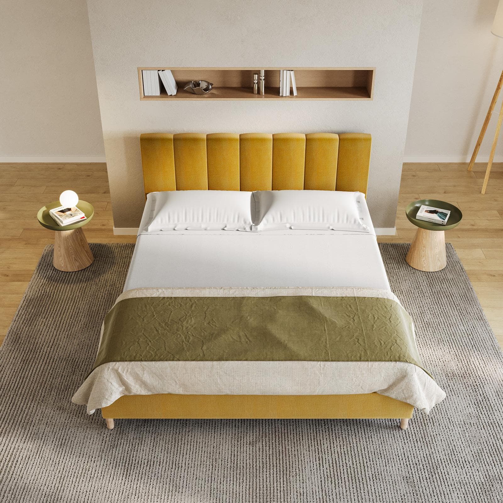 Letto matrimoniale 160x190 cm in tessuto senape con gambe in legno - Diskel