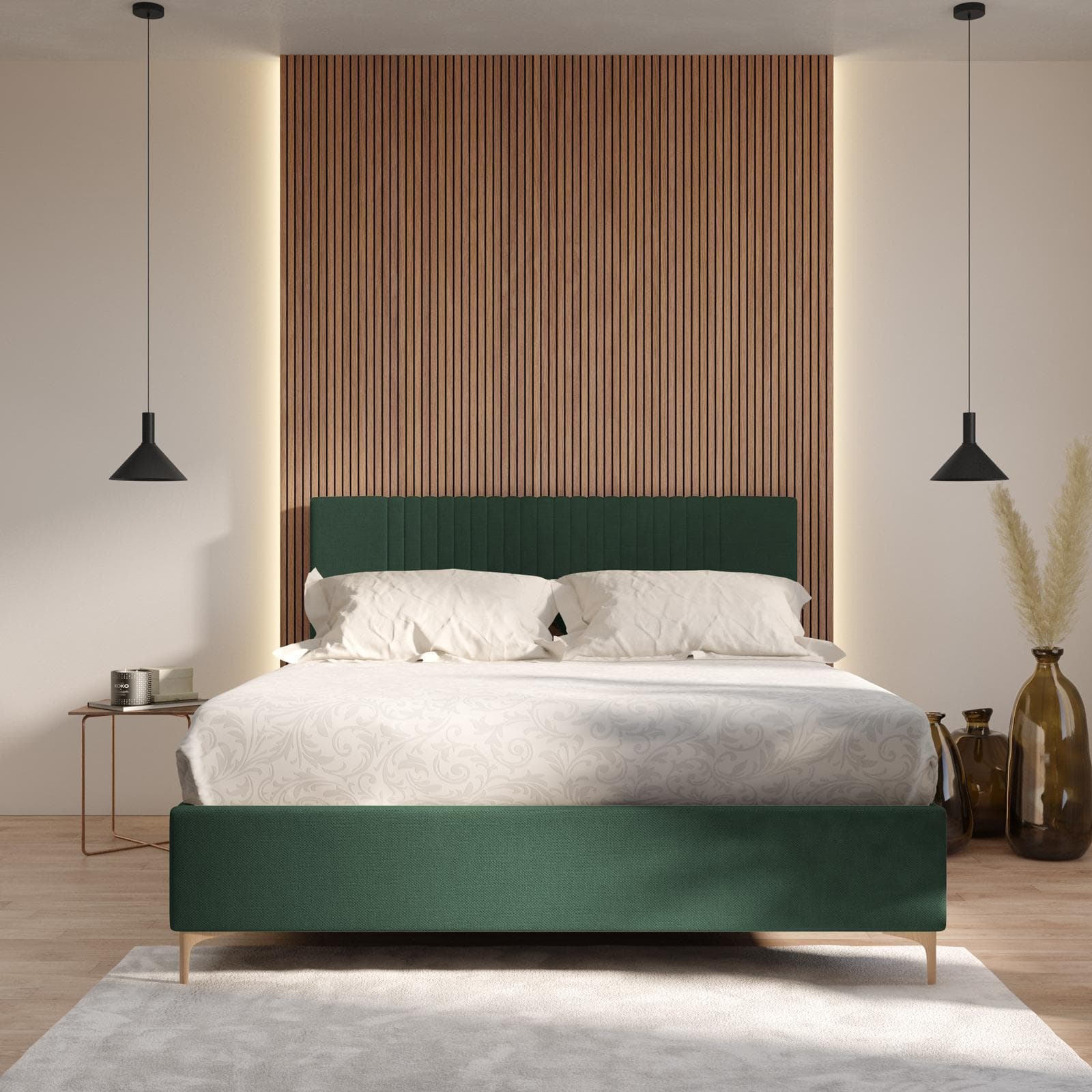 Letto matrimoniale 160x190 cm in tessuto verde bosco con contenitore - Maverick
