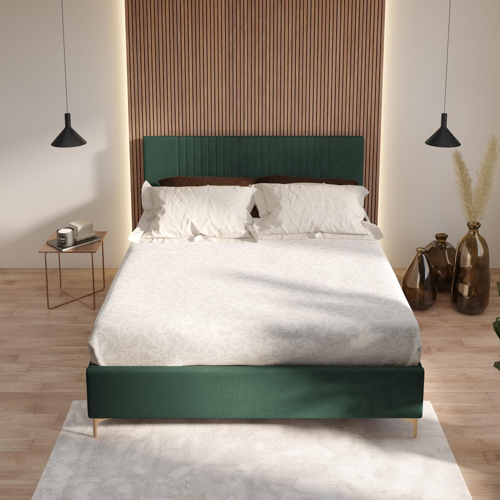 Letto matrimoniale 160x190 cm in tessuto verde bosco con contenitore - Maverick